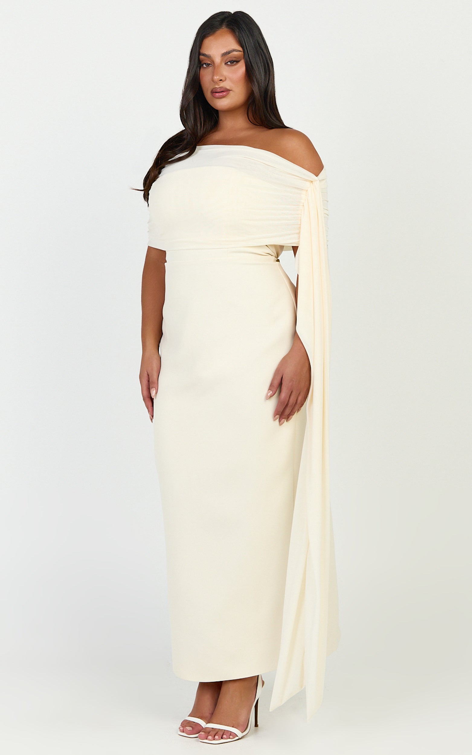Elina Maxi Dress - Off Shoulder Contrast Mesh Draped Overlay Dress in Cream - View 4