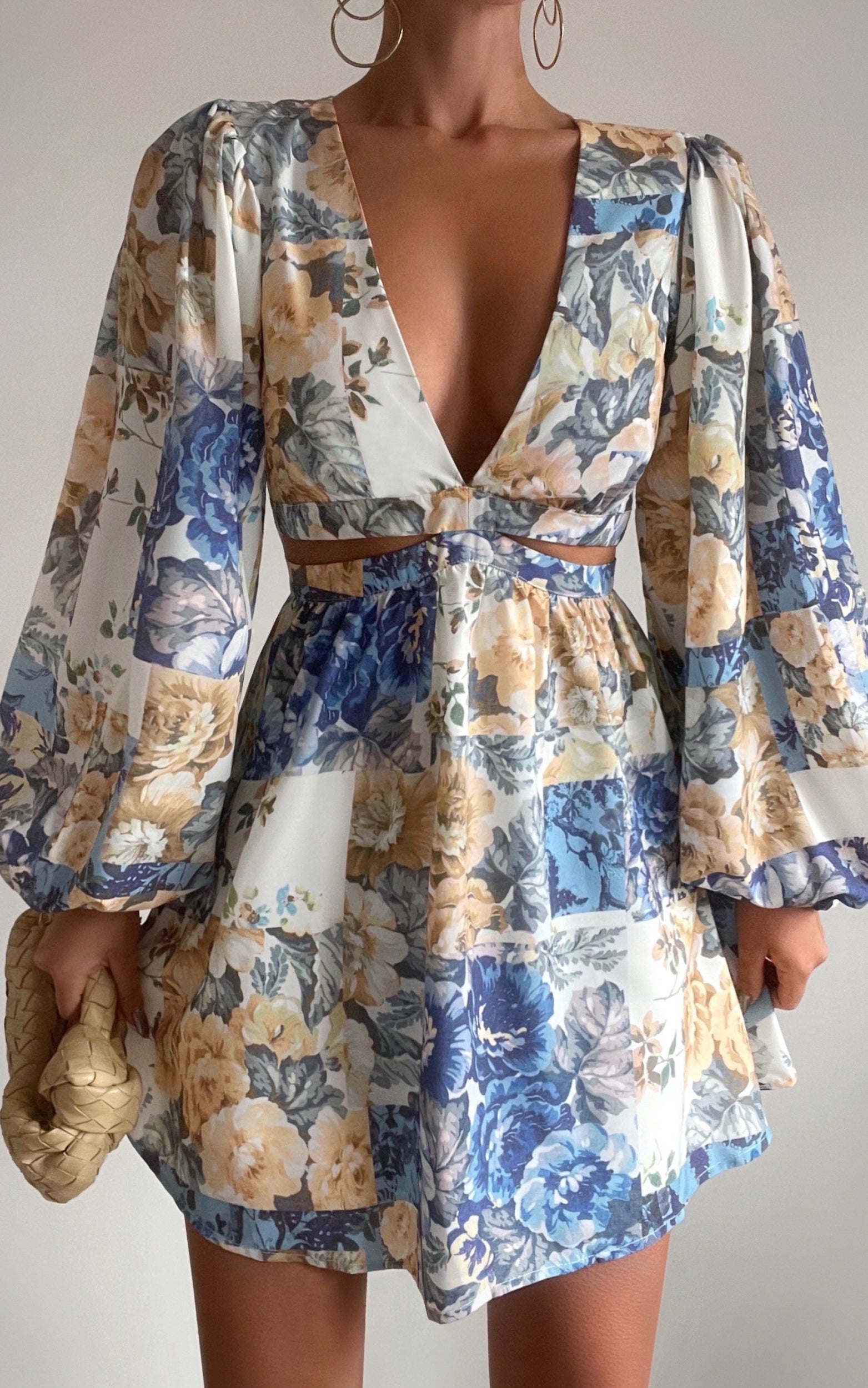 Emily Mini Dress - V Neck Long Sleeve Cut Out Dress in Patchwork Floral - View 3