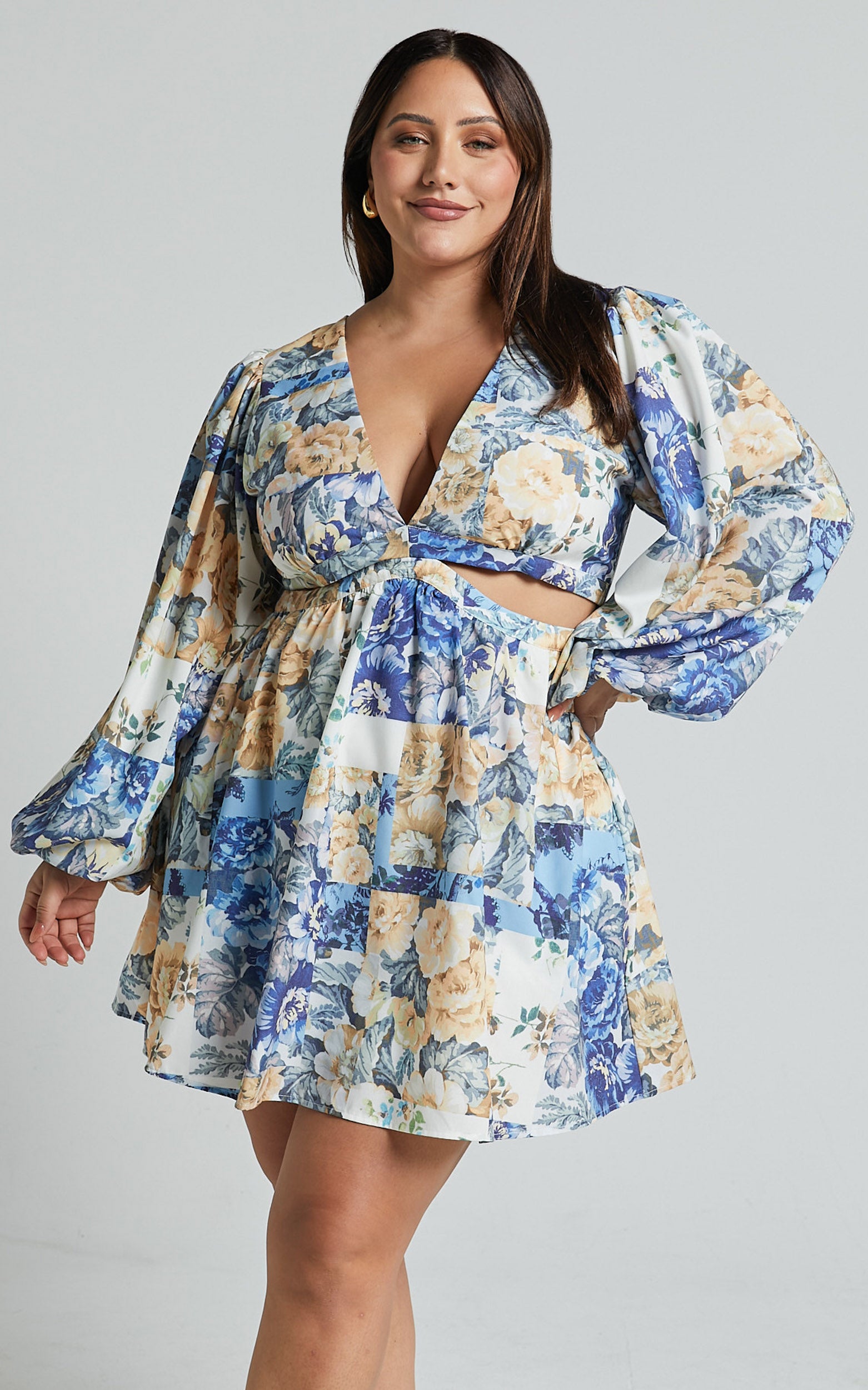 Emily Mini Dress - V Neck Long Sleeve Cut Out Dress in Patchwork Floral - View 4