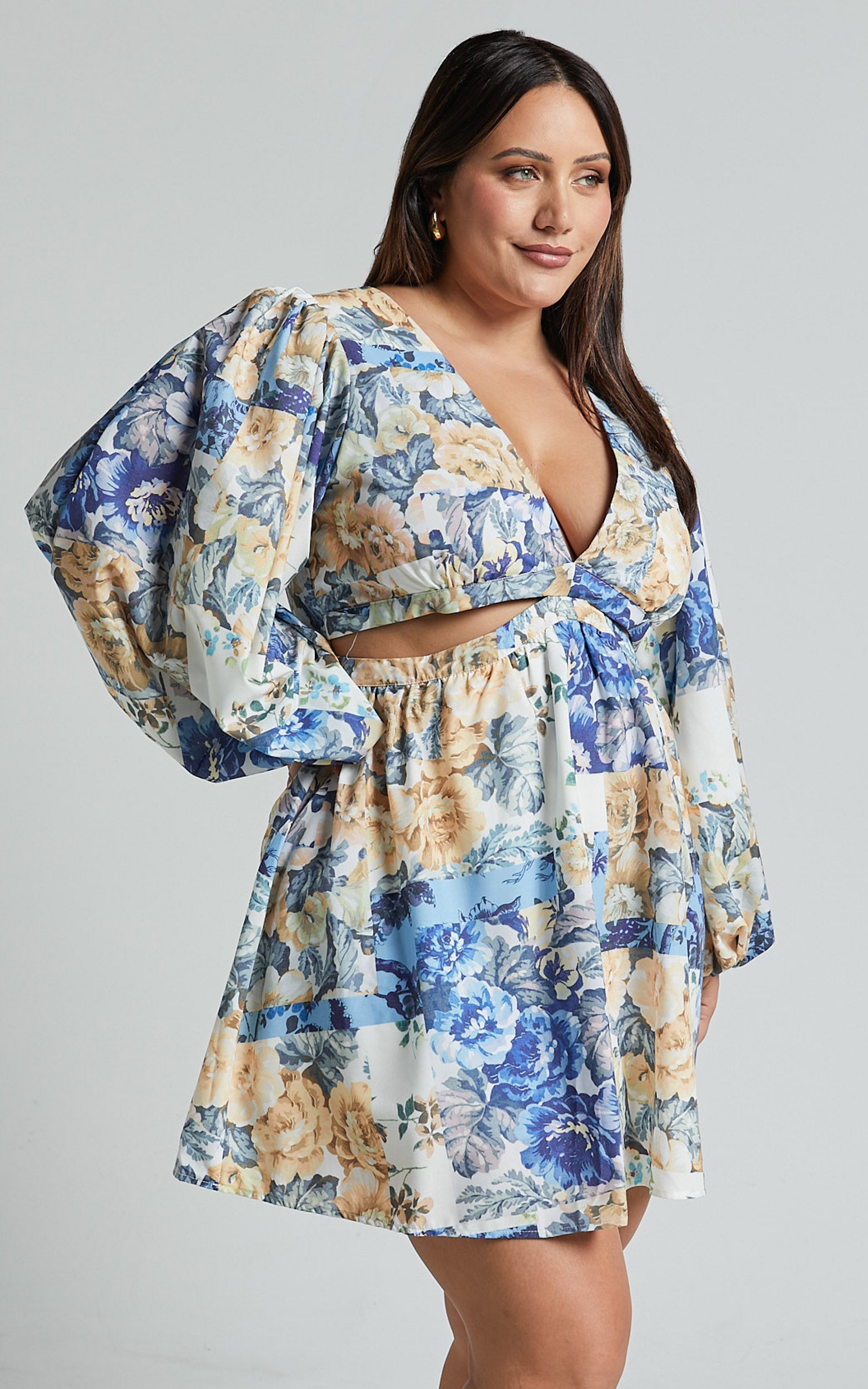 Emily Mini Dress - V Neck Long Sleeve Cut Out Dress in Patchwork Floral - View 7