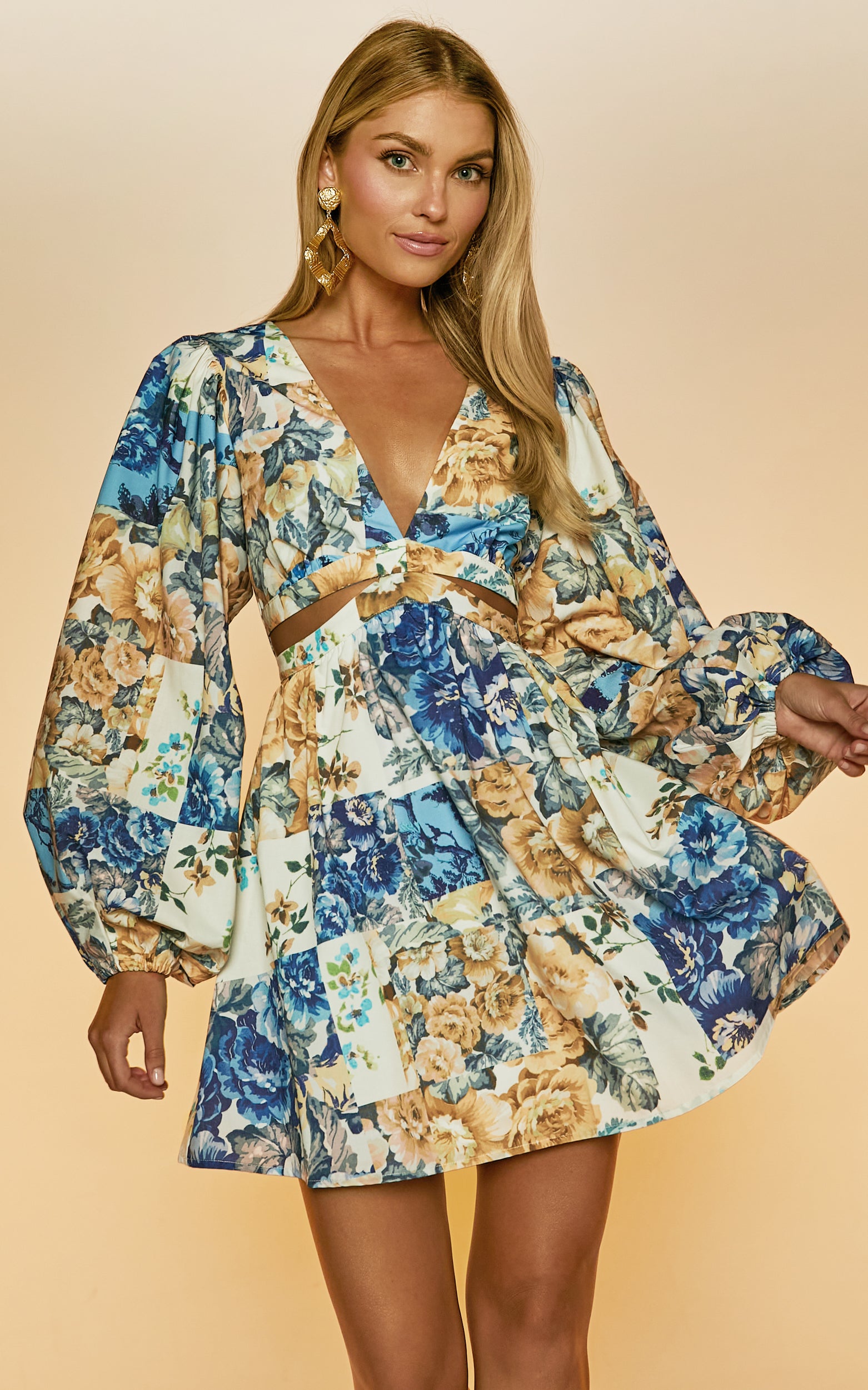 Emily Mini Dress - V Neck Long Sleeve Cut Out Dress in Patchwork Floral - View 5