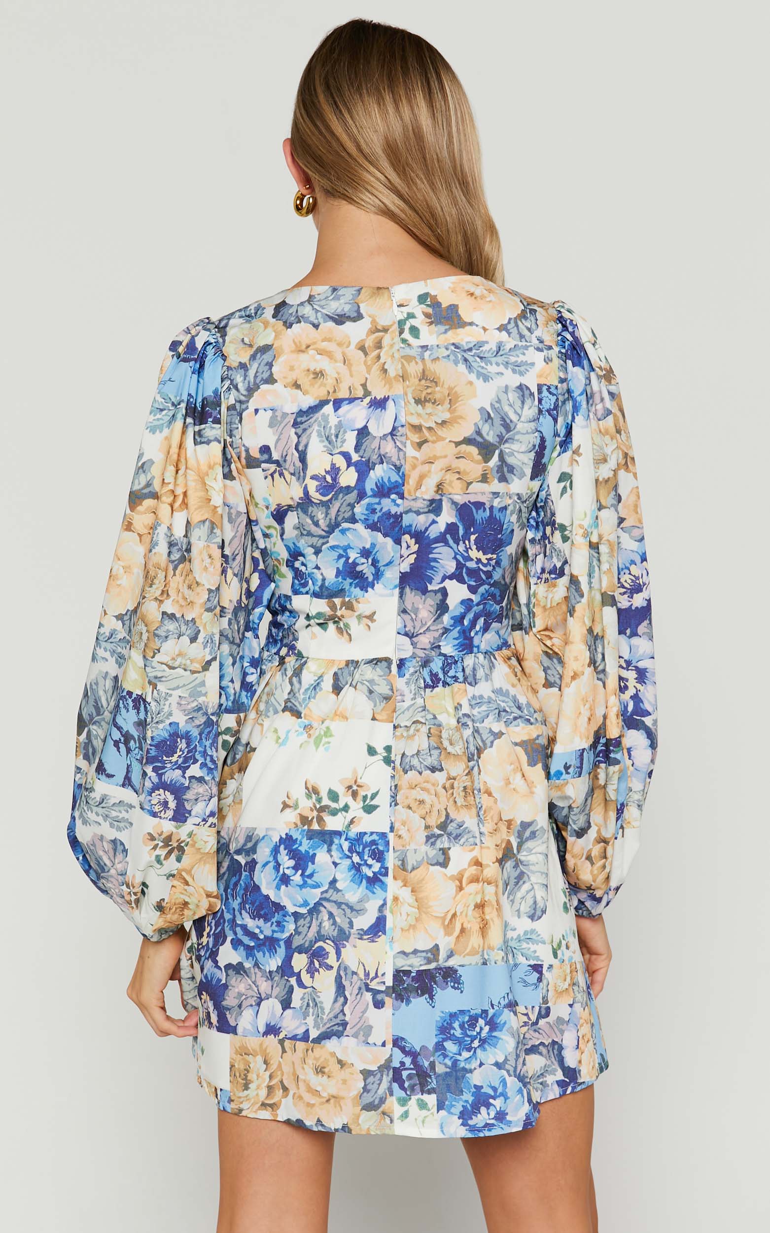 Emily Mini Dress - V Neck Long Sleeve Cut Out Dress in Patchwork Floral - View 9
