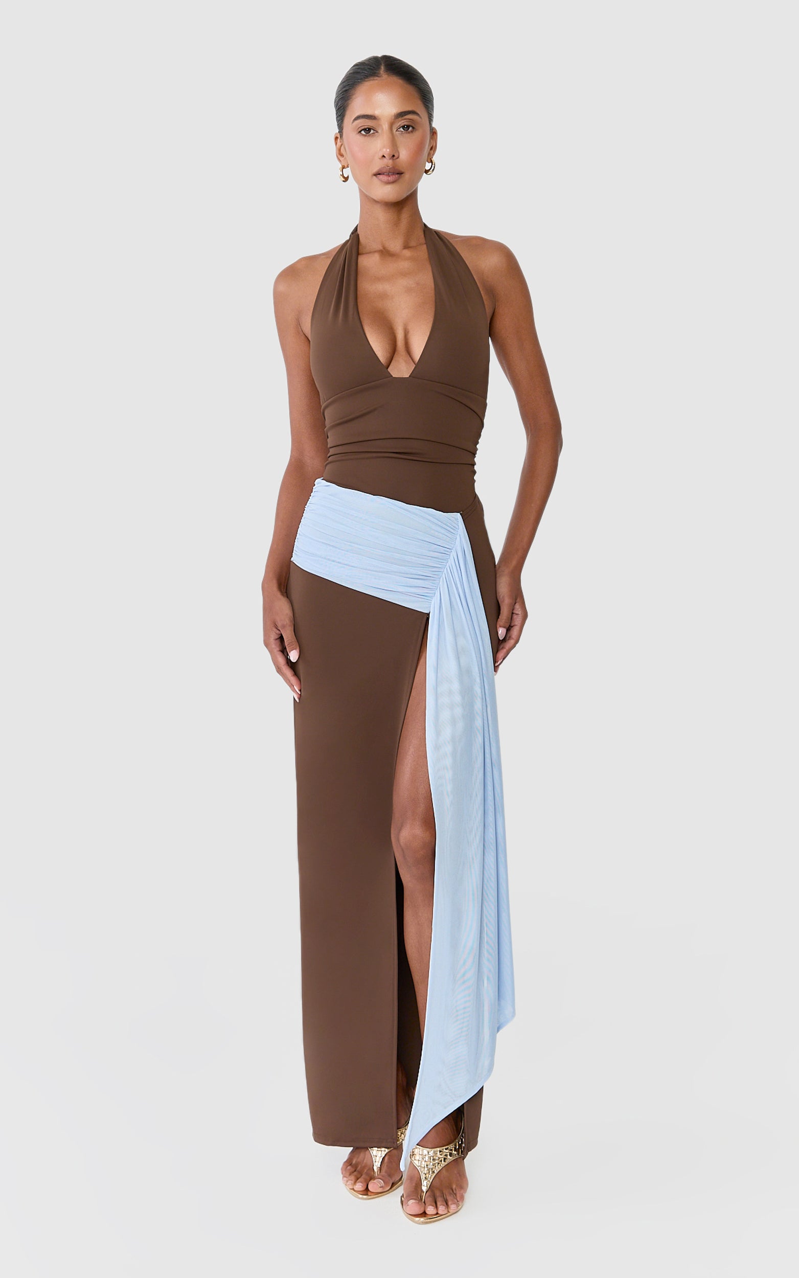 Estelle Two Piece Bodysuit and Skirt Set - Plunge Neck Bodysuit And Low Rise Waist Sash Skirt Set in Blue/Chocolate Contrast - View 2