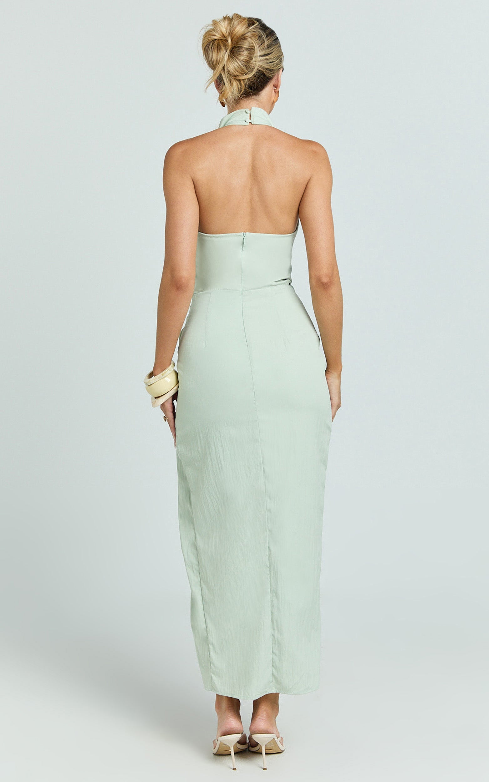 Finn Midi Dress - Folded Cowl Halter With Front Leg Split in Sage - View 5