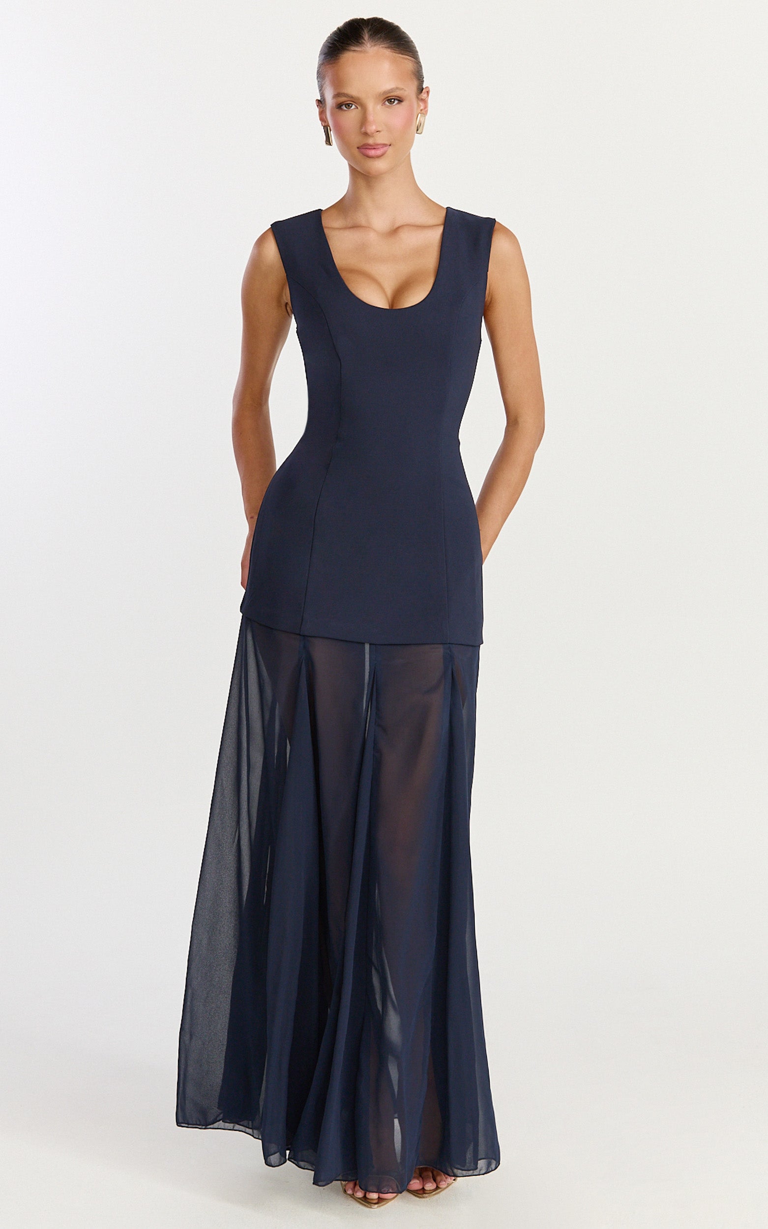 Frances Maxi Dress - Contrast U Neck Godet A Line Dress in Navy - View 1