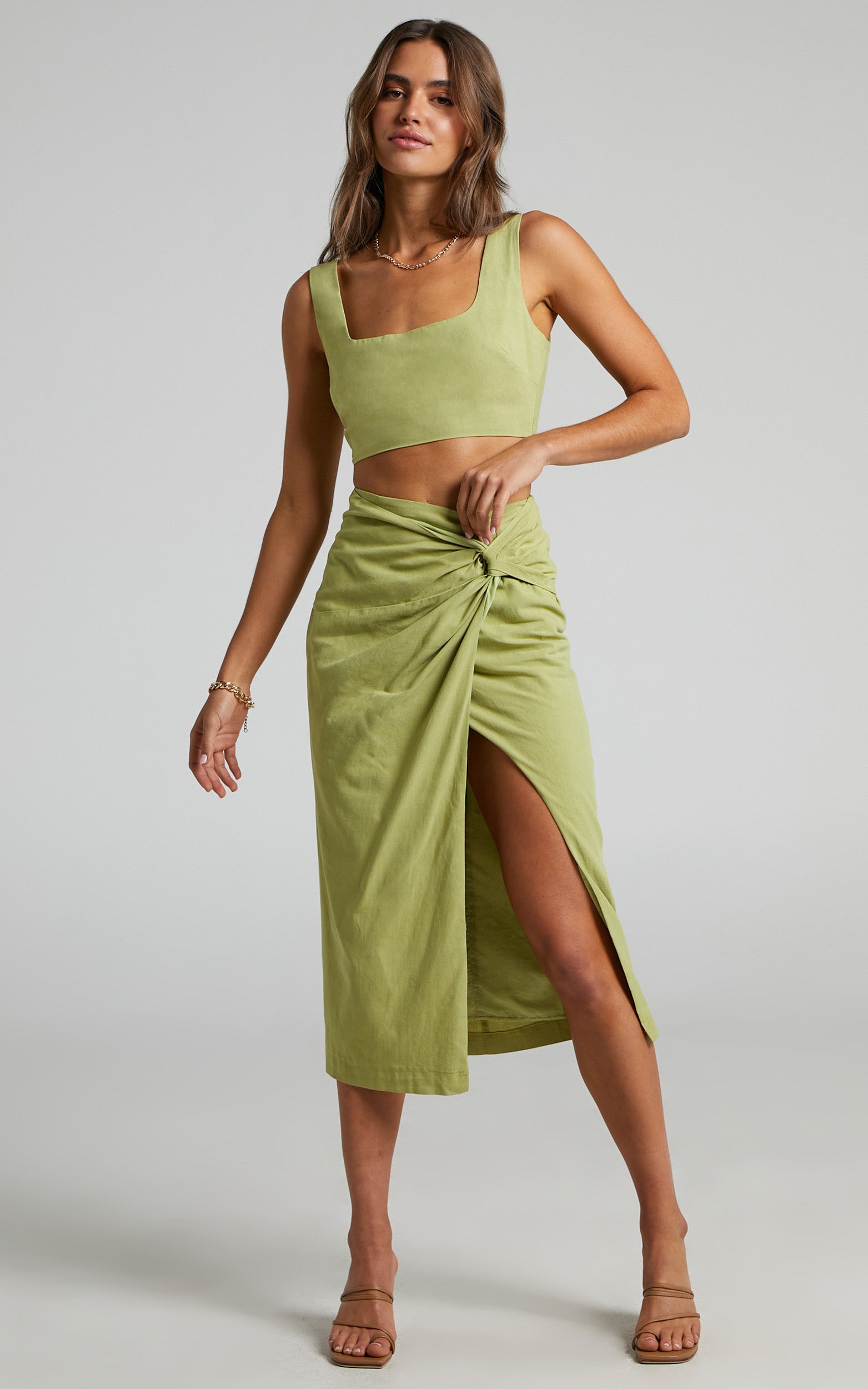 Gibson Two Piece Top and Skirt Set - Linen Crop Top and Knot Front Midi Skirt Set in Celery - View 1