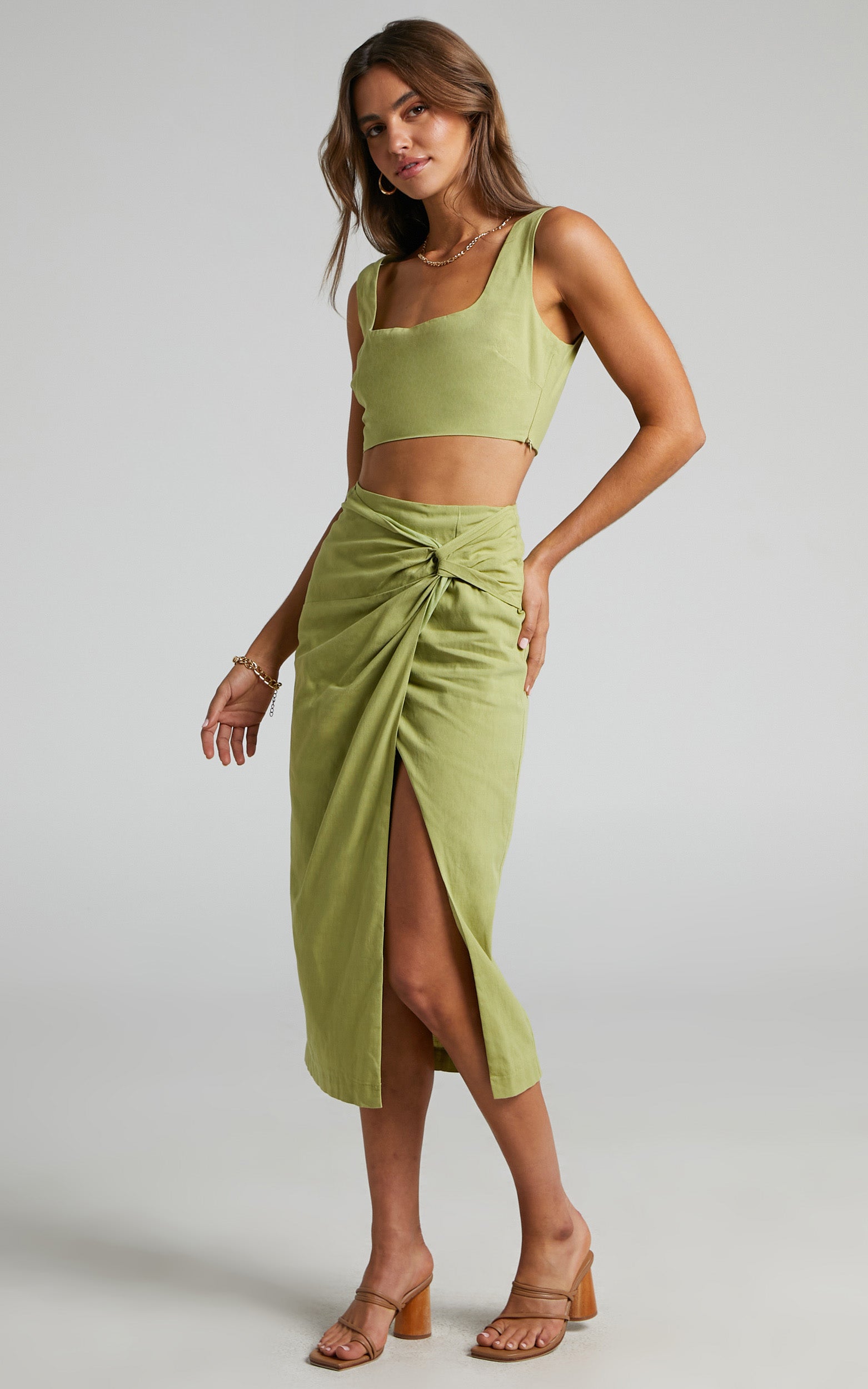 Gibson Two Piece Top and Skirt Set - Linen Crop Top and Knot Front Midi Skirt Set in Celery - View 7