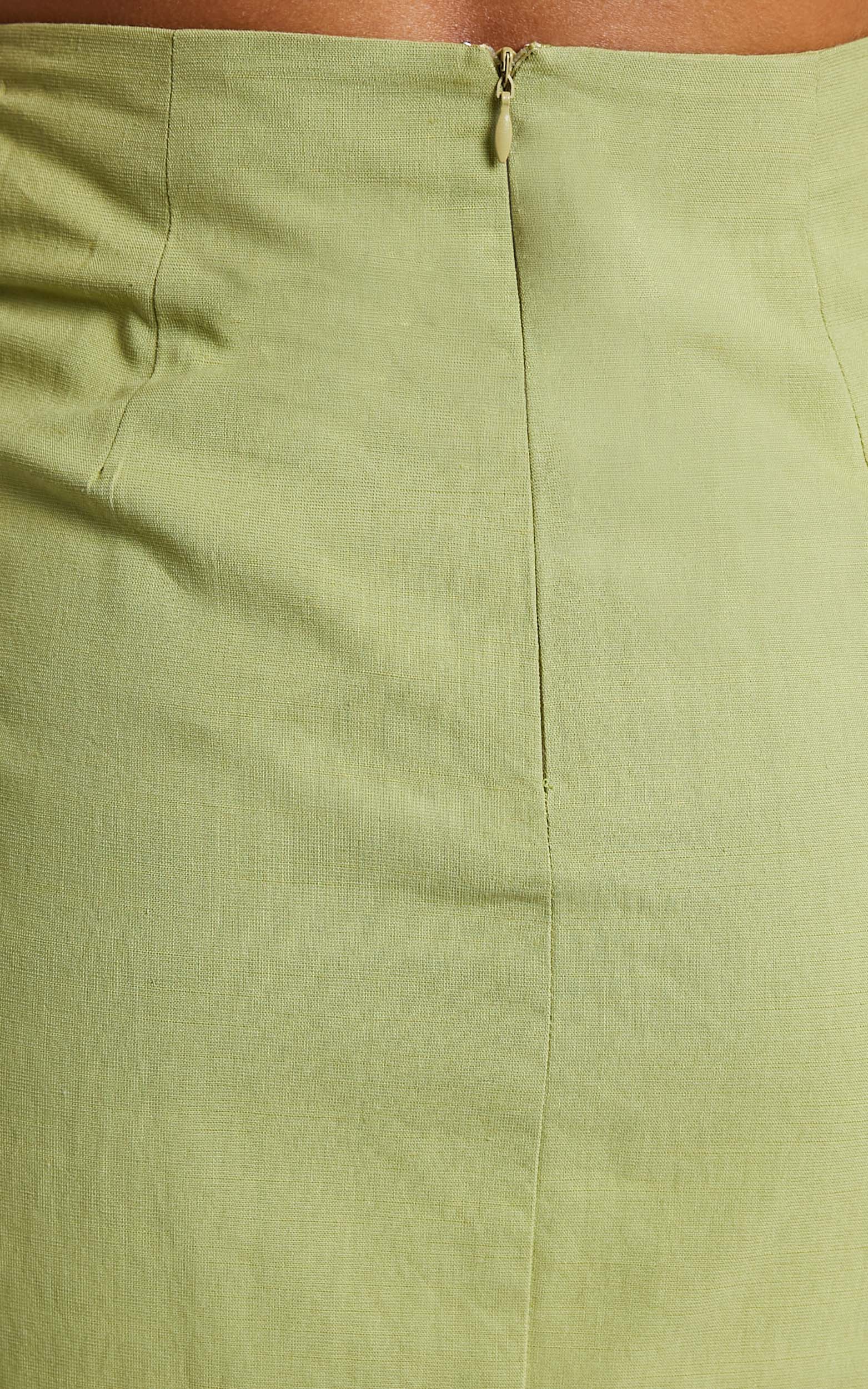 Gibson Two Piece Top and Skirt Set - Linen Crop Top and Knot Front Midi Skirt Set in Celery - View 10
