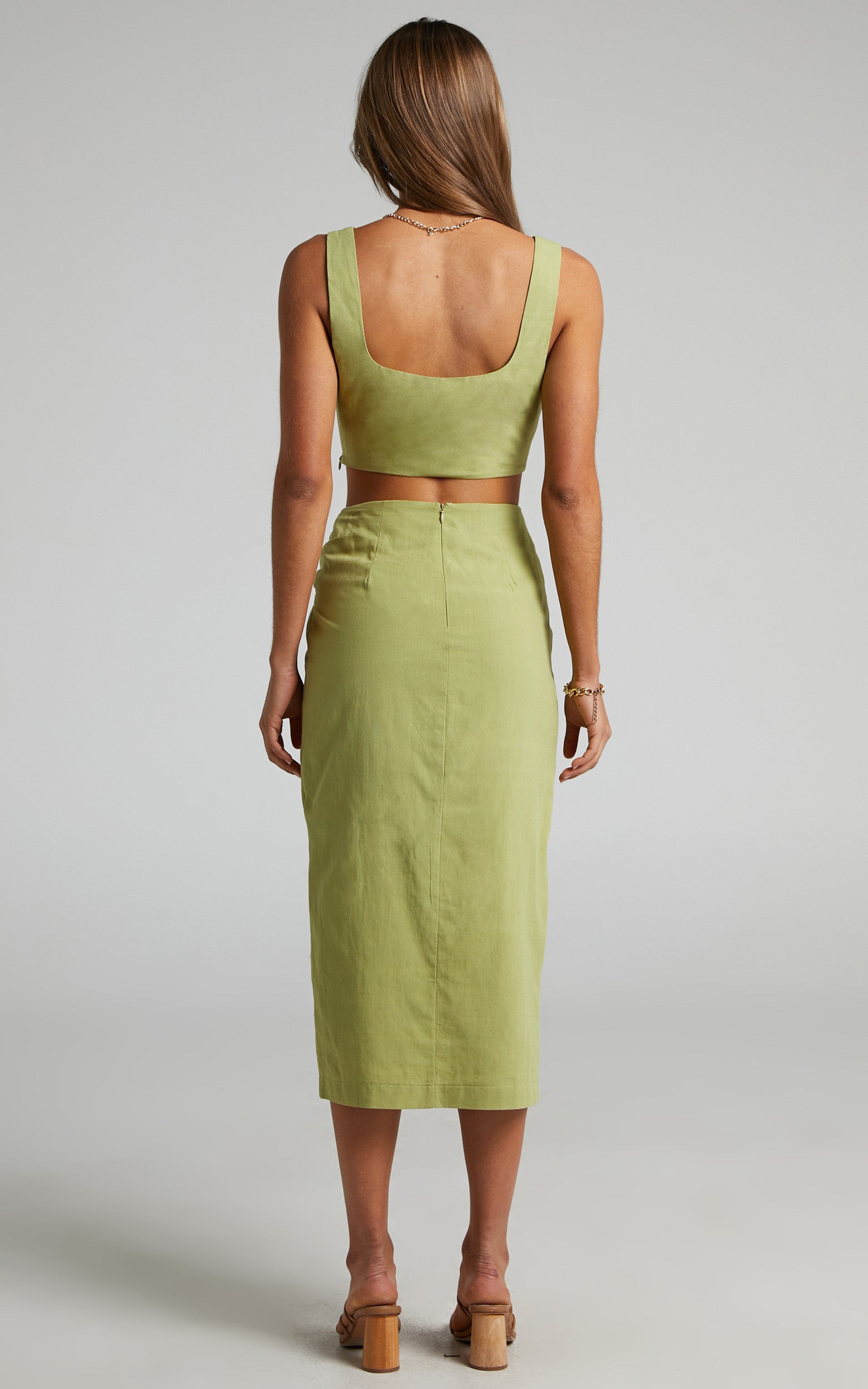 Gibson Two Piece Top and Skirt Set - Linen Crop Top and Knot Front Midi Skirt Set in Celery - View 9