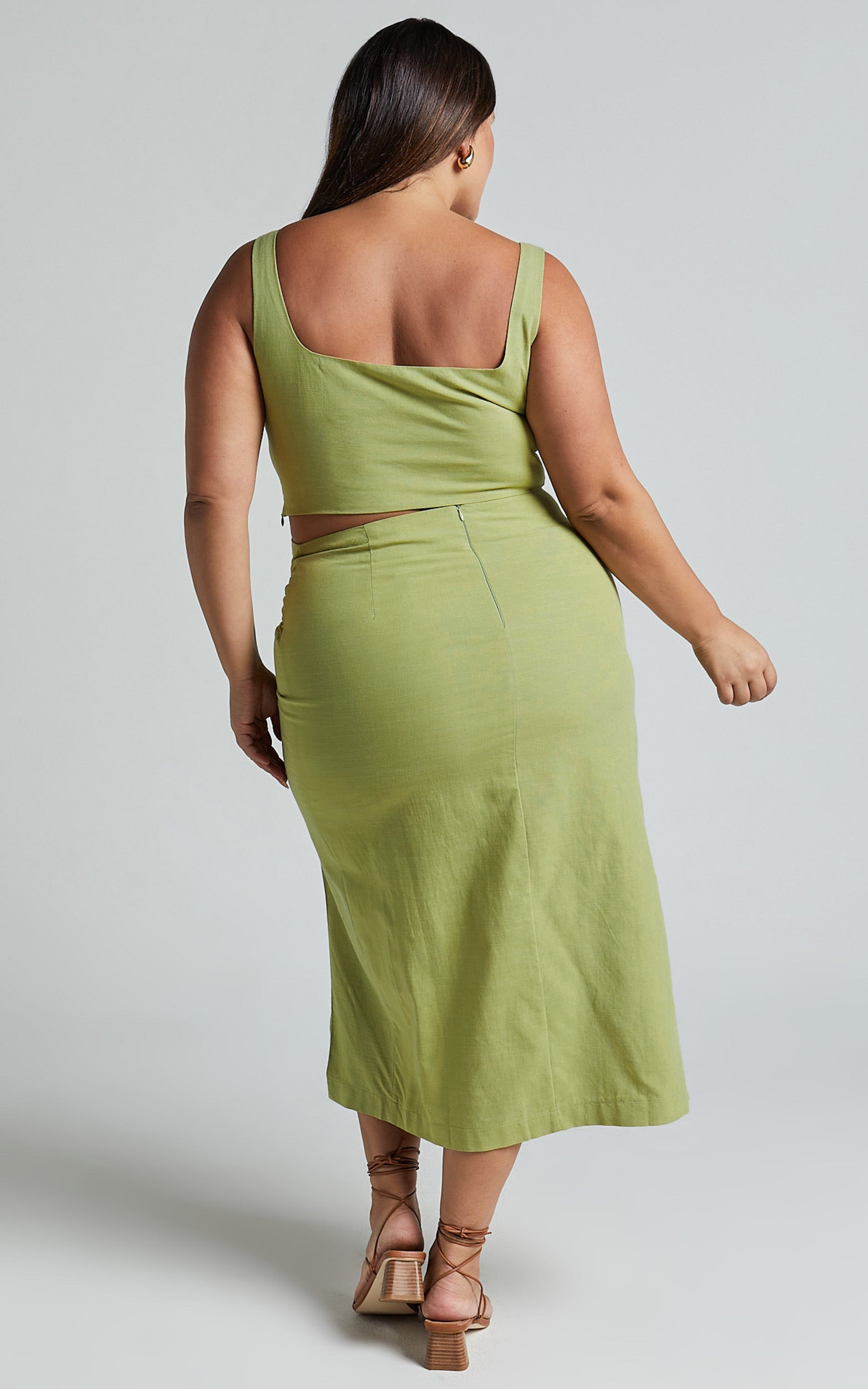 Gibson Two Piece Top and Skirt Set - Linen Crop Top and Knot Front Midi Skirt Set in Celery - View 8