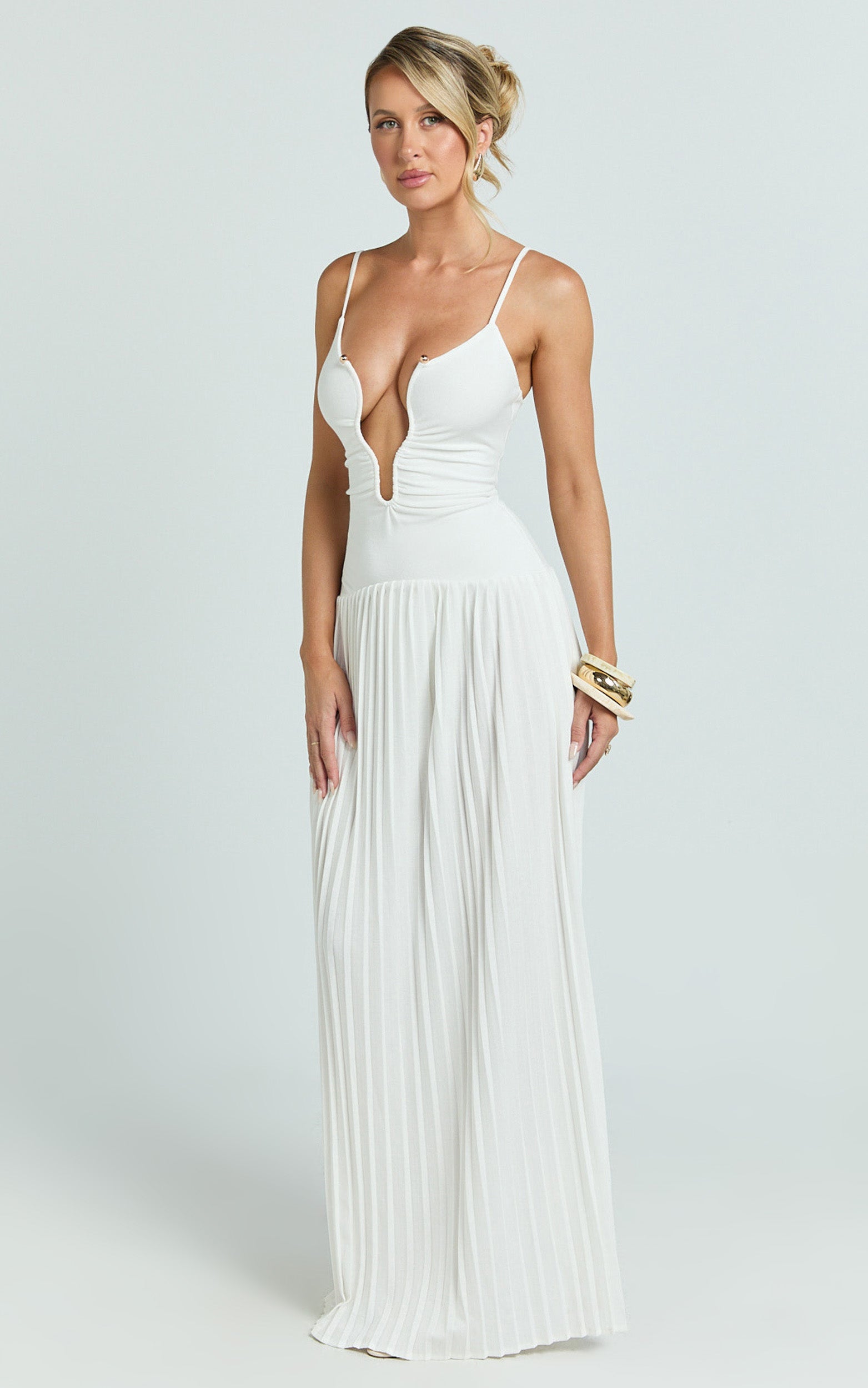 Hathaway Maxi Dress - U Shaped Neck Pleated Dress in Ivory - View 2