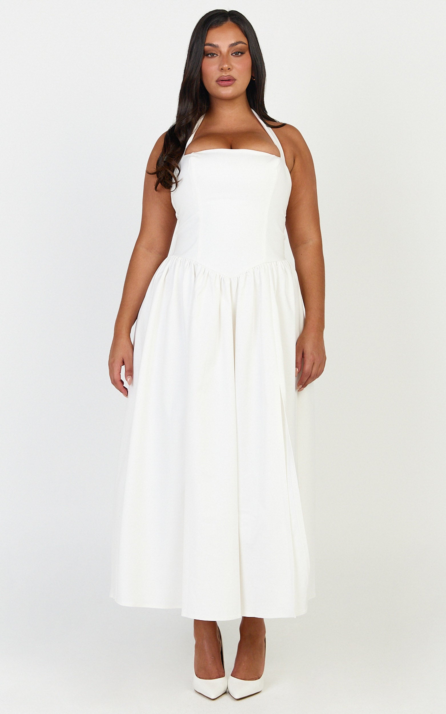 Helda Midi Dress - Halter Tie Neck Corset Panel Dress in Off White - View 4