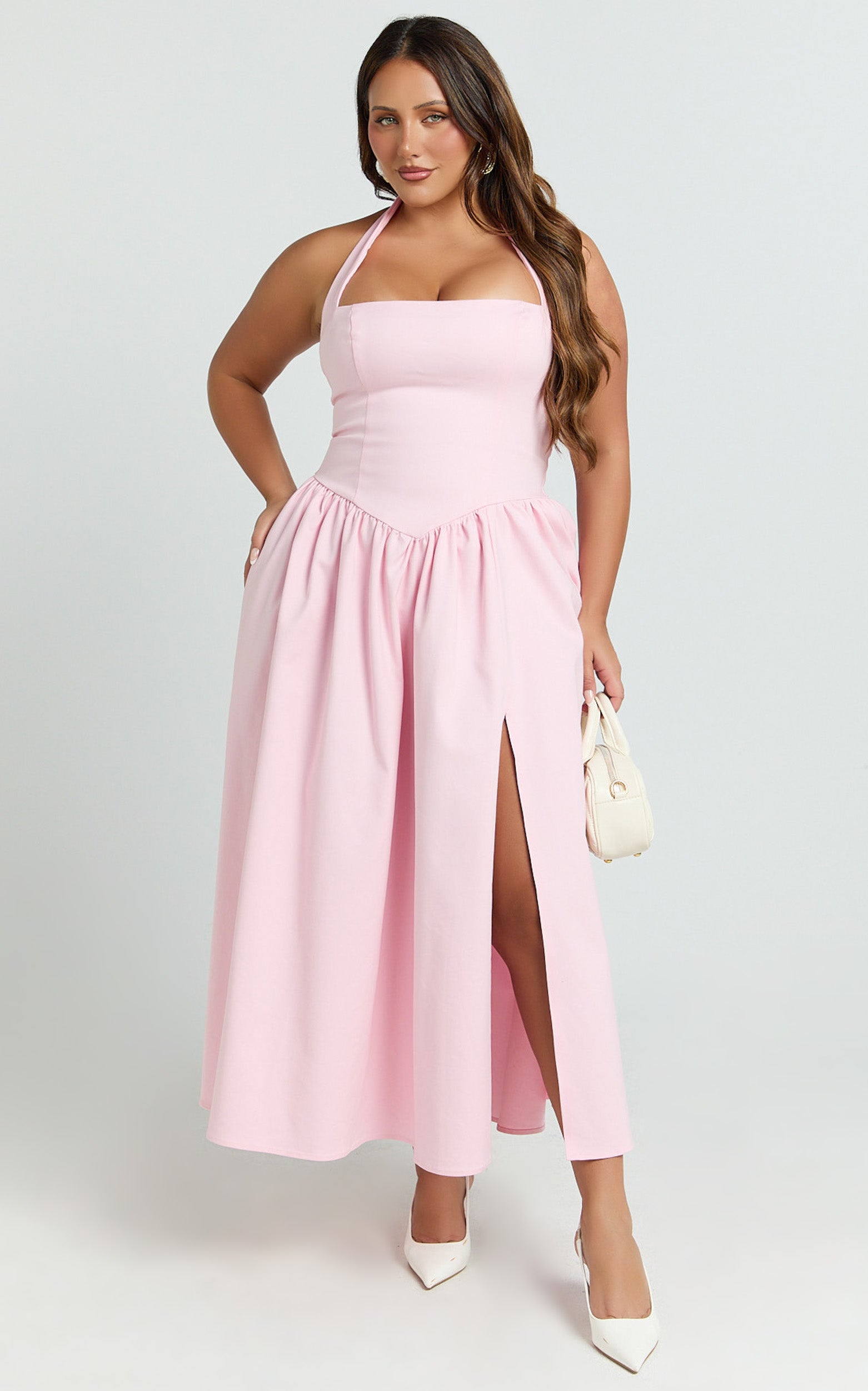 Helda Midi Dress - Halter Tie Neck Corset Panel Dress in Pink - View 2