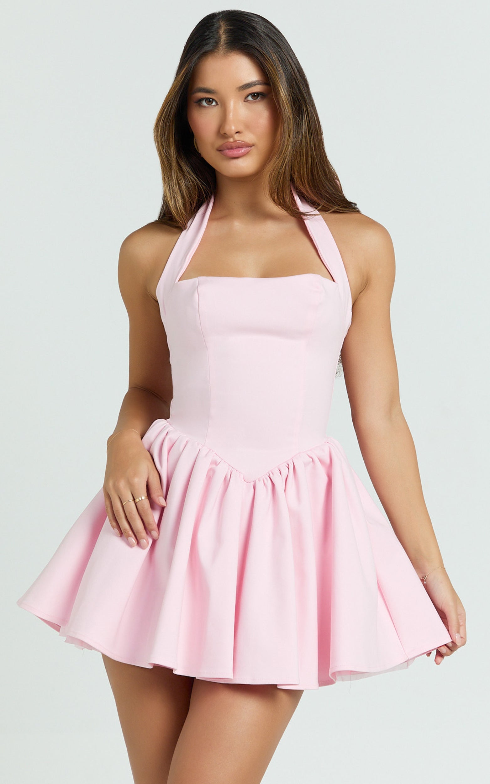 Helda Mini Dress - Halter Tie Neck Corset Panel Dress in Pink - View 9