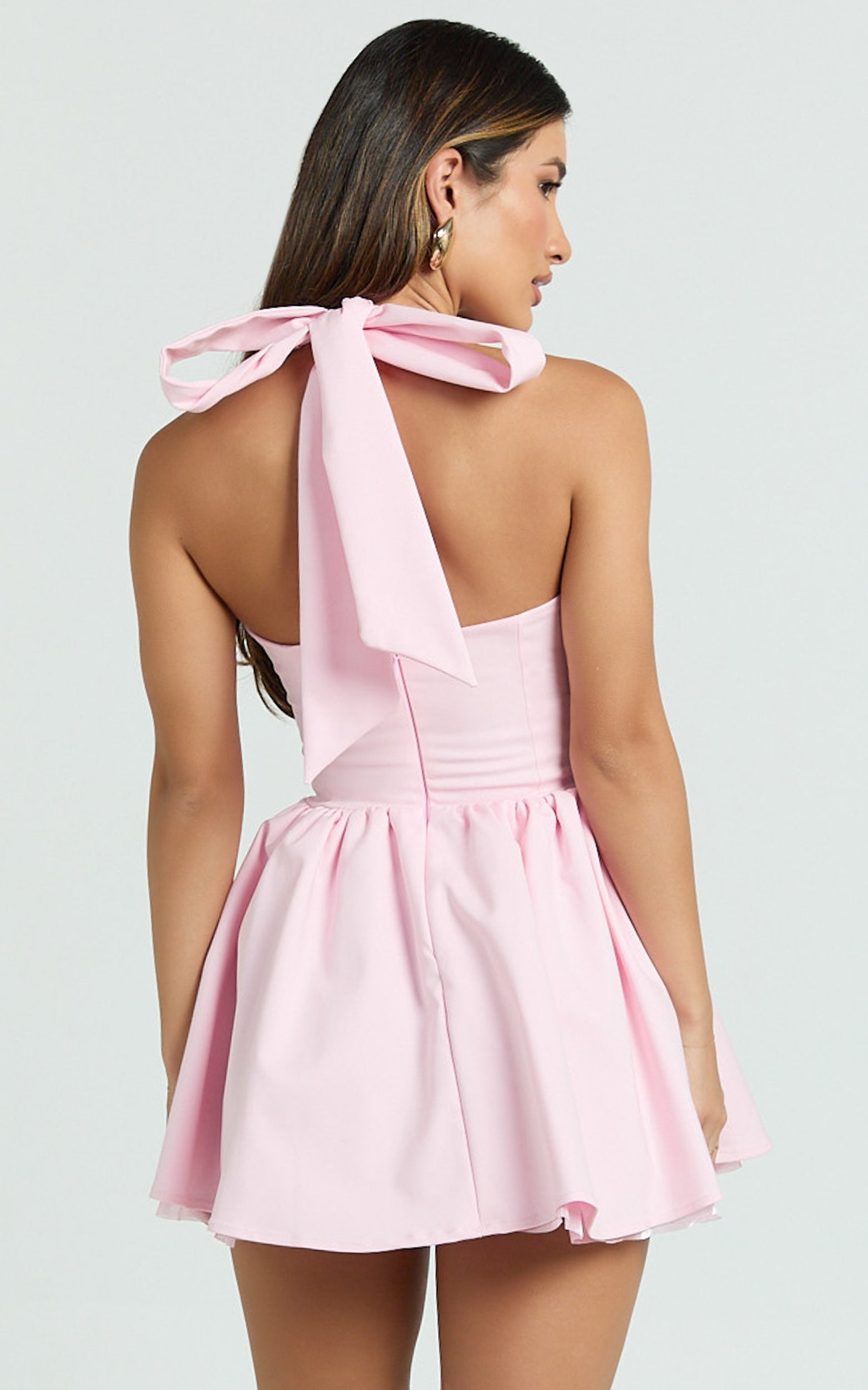Helda Mini Dress - Halter Tie Neck Corset Panel Dress in Pink - View 12