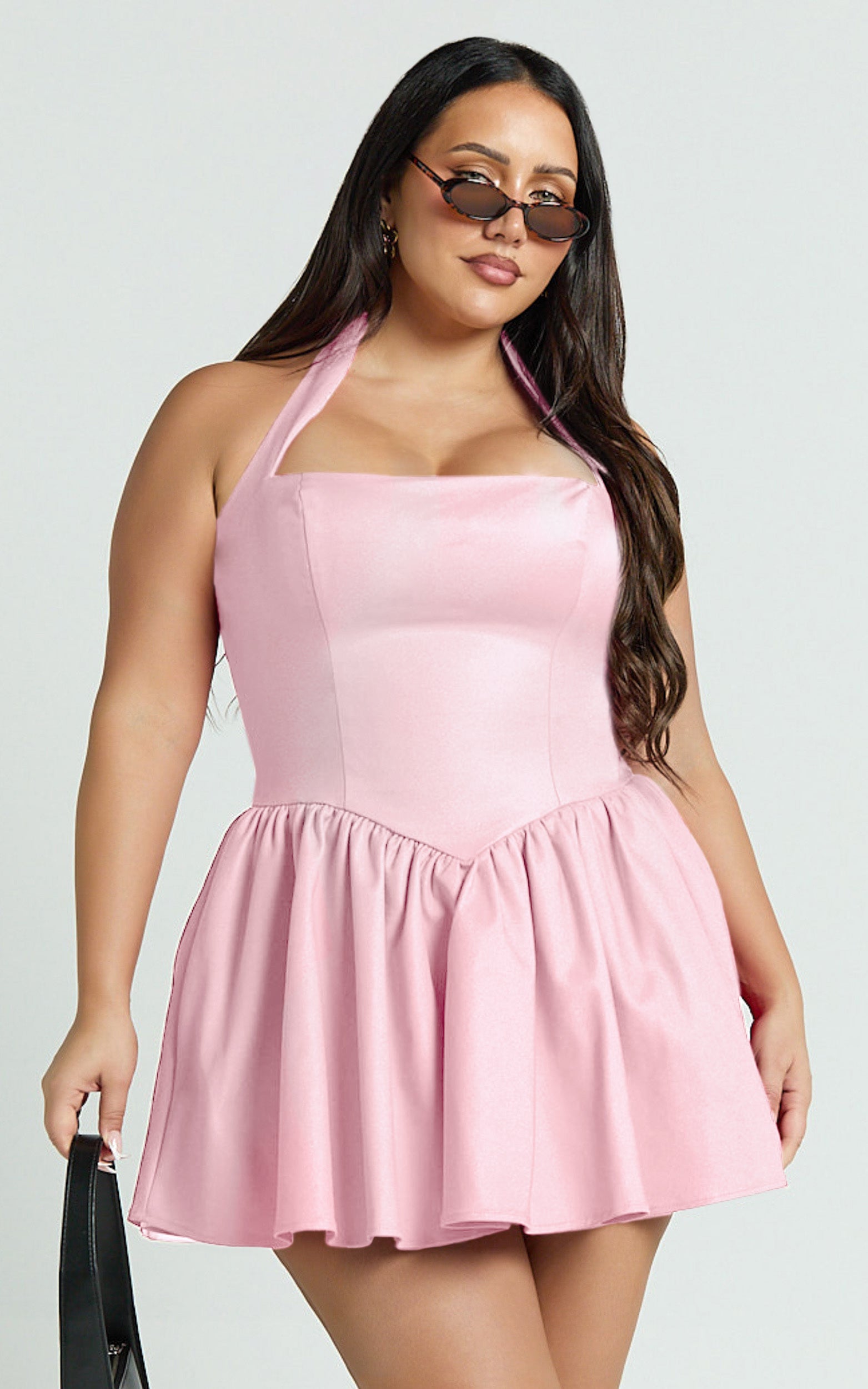 Helda Mini Dress - Halter Tie Neck Corset Panel Dress in Pink - View 6
