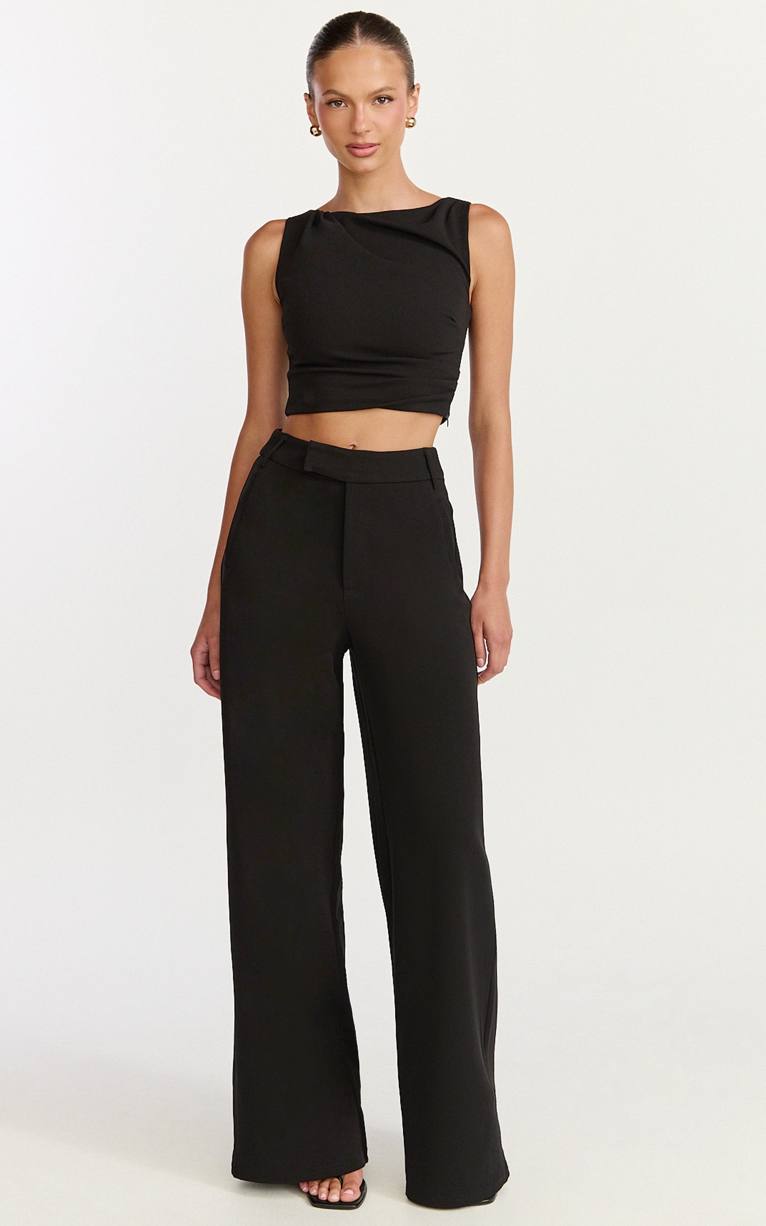 Helen Two Piece Set - Crepe Twisted Top And Wide Leg Pants in Black - View 3