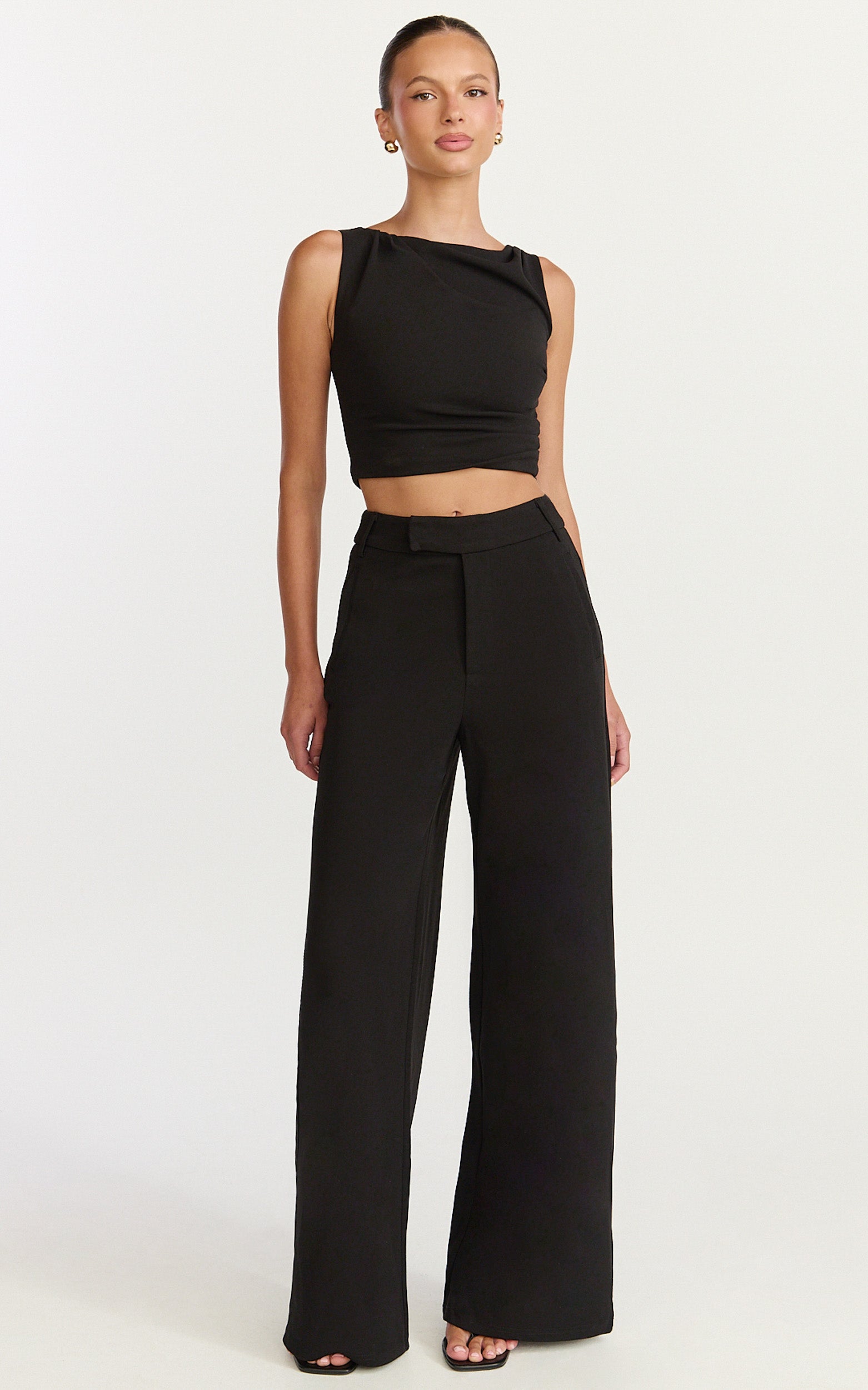 Helen Two Piece Set - Crepe Twisted Top And Wide Leg Pants in Black - View 4