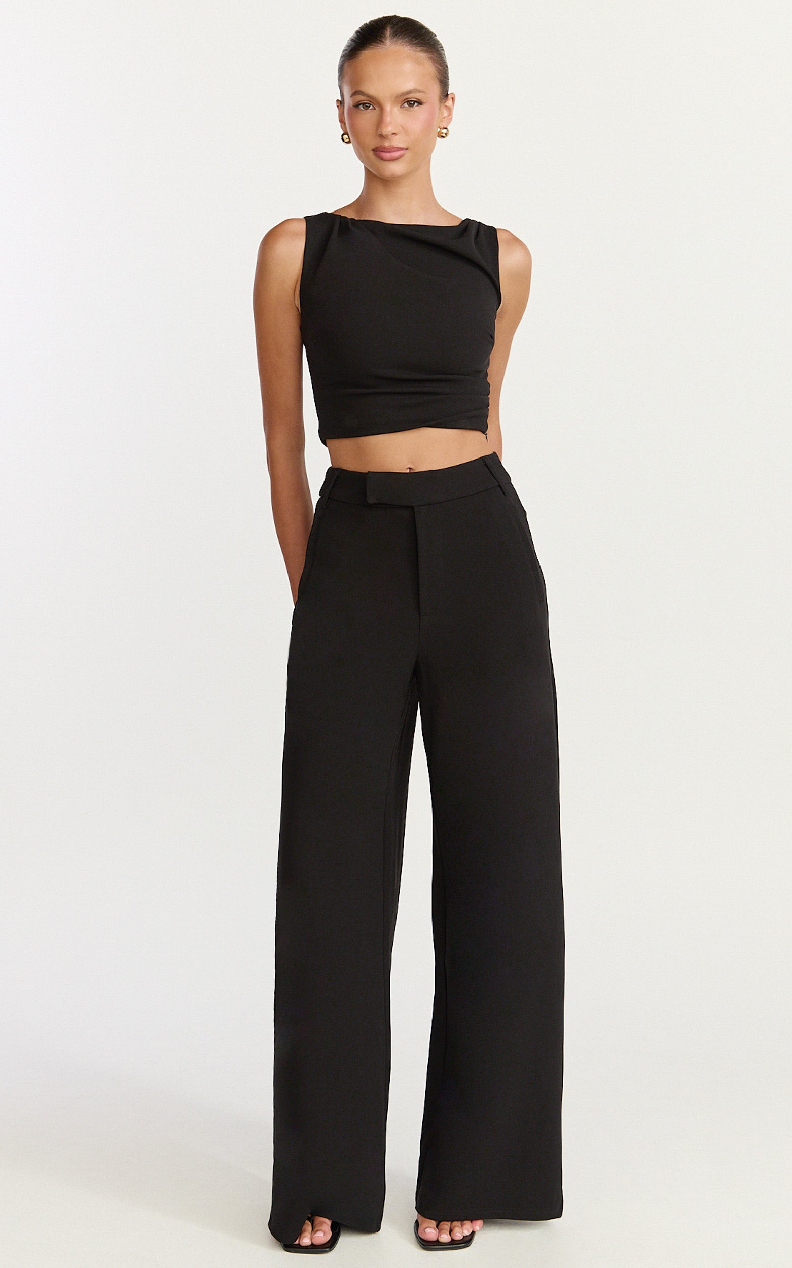 Helen Two Piece Set - Crepe Twisted Top And Wide Leg Pants in Black - View 1