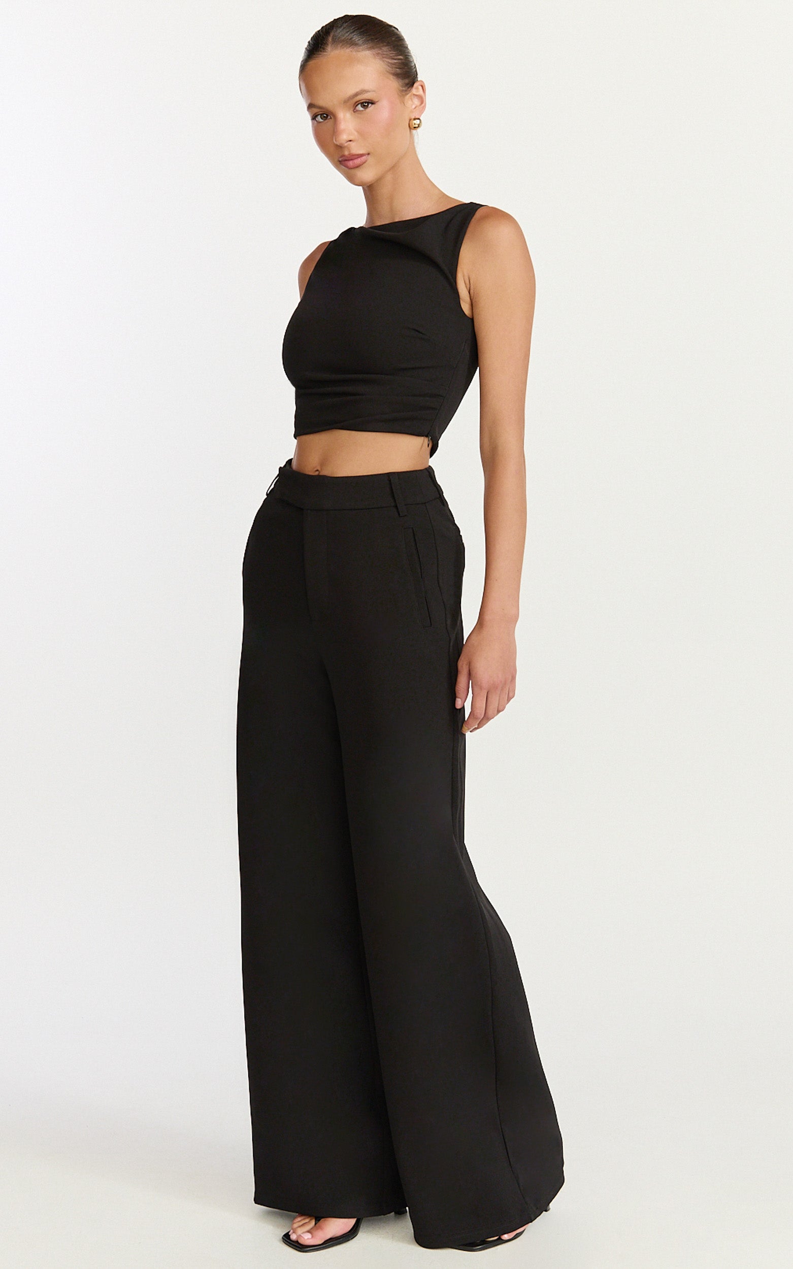 Helen Two Piece Set - Crepe Twisted Top And Wide Leg Pants in Black - View 2