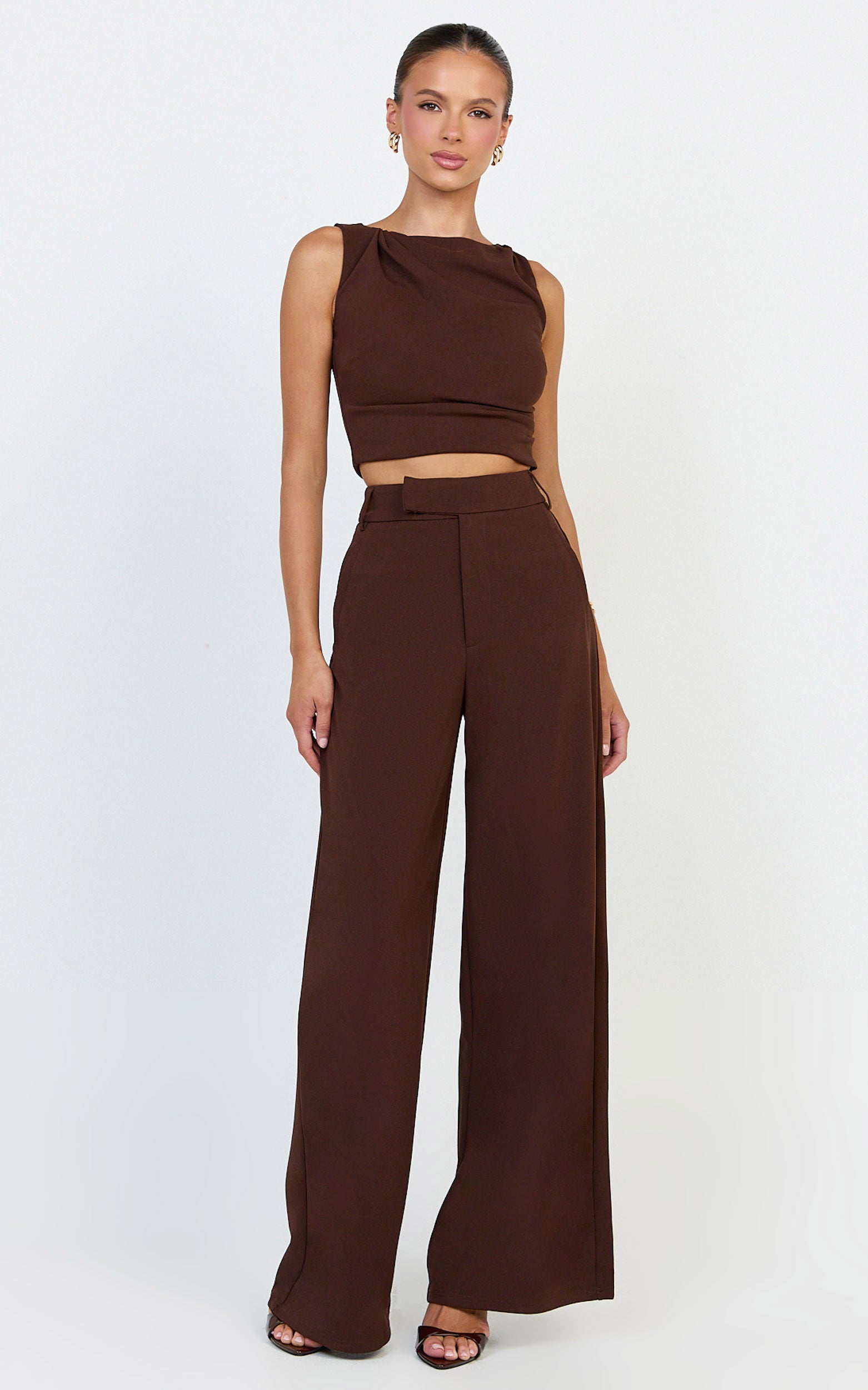 Helen Two Piece Set - Crepe Twisted Top And Wide Leg Pants in Chocolate - View 1