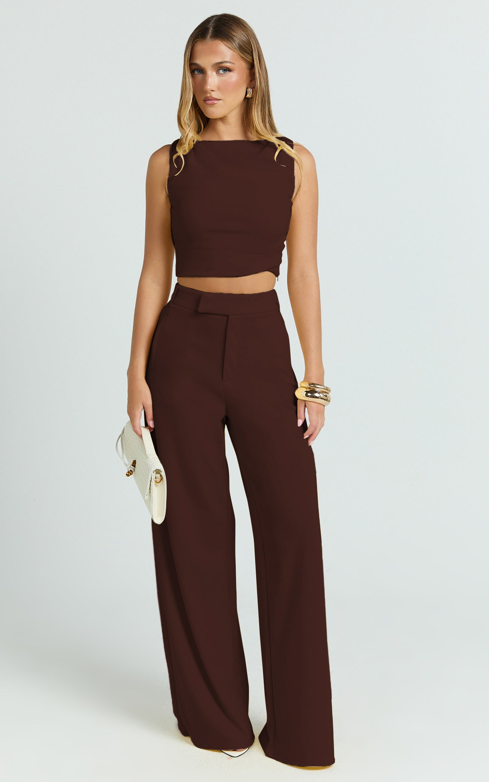 Helen Two Piece Set - Crepe Twisted Top And Wide Leg Pants in Chocolate - View 4