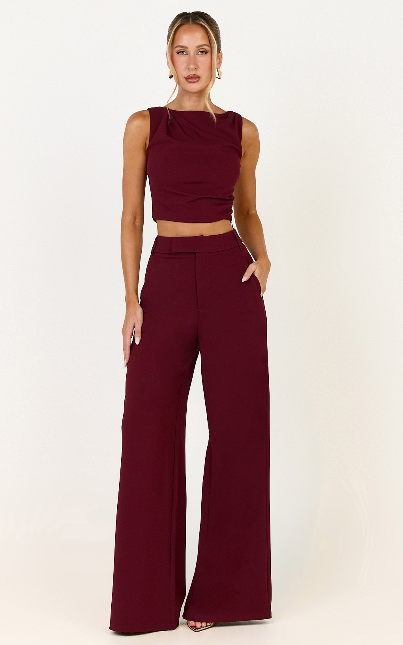 Helen Two Piece Set - Crepe Twisted Top And Wide Leg Pants in Wine - View 1