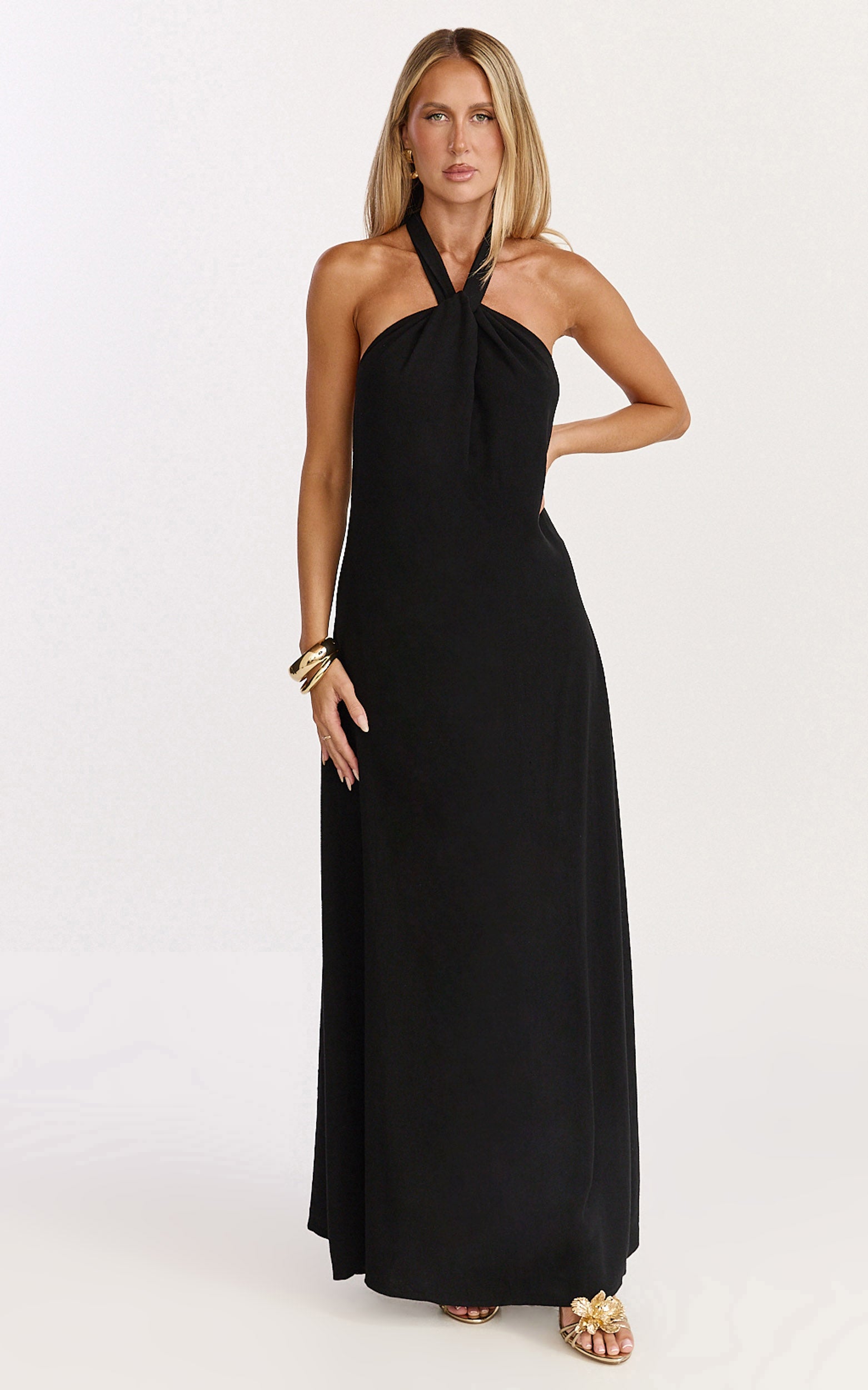 Hilda Maxi Dress - Knot Detail Halter Neck Maxi Dress in Black - View 1