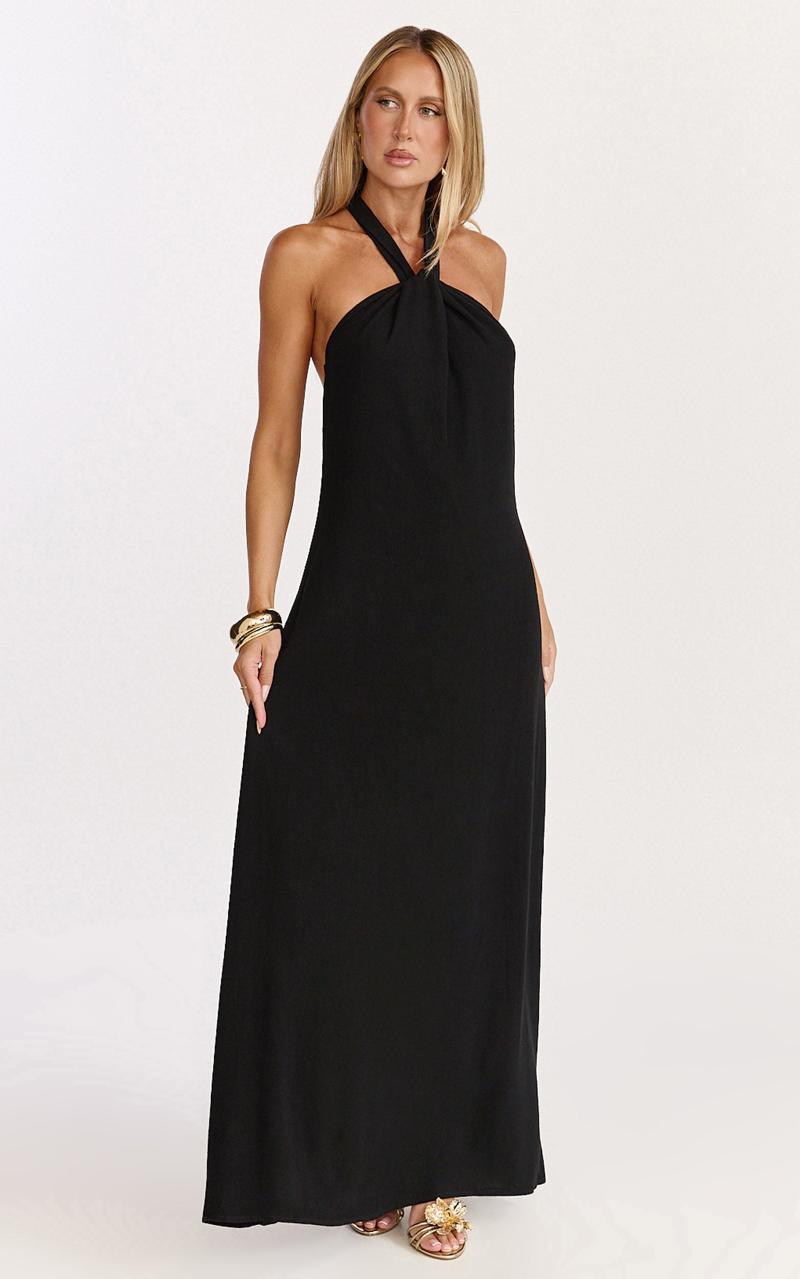 Hilda Maxi Dress - Knot Detail Halter Neck Maxi Dress in Black - View 4
