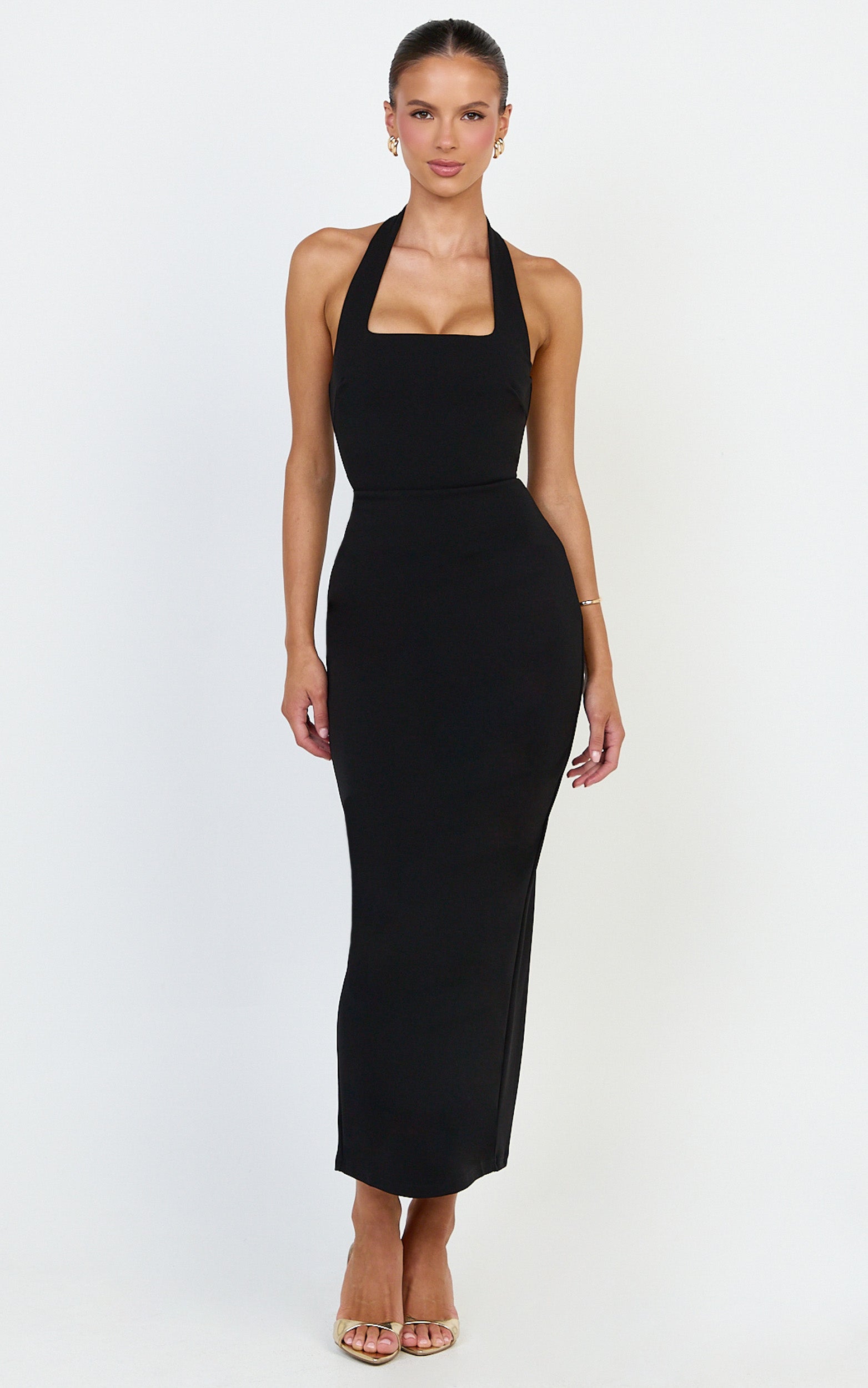 Holly Midi Dress - Halter Neck Column Dress in Black - View 1
