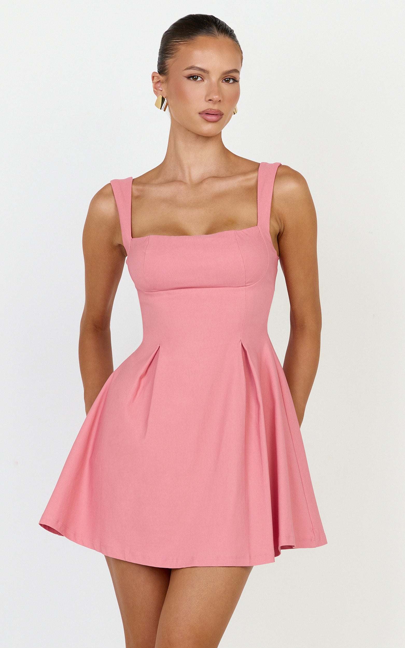 Ida Mini Dress - Wide Strap Straight Neck  Bow Back Dress in Pink - View 1