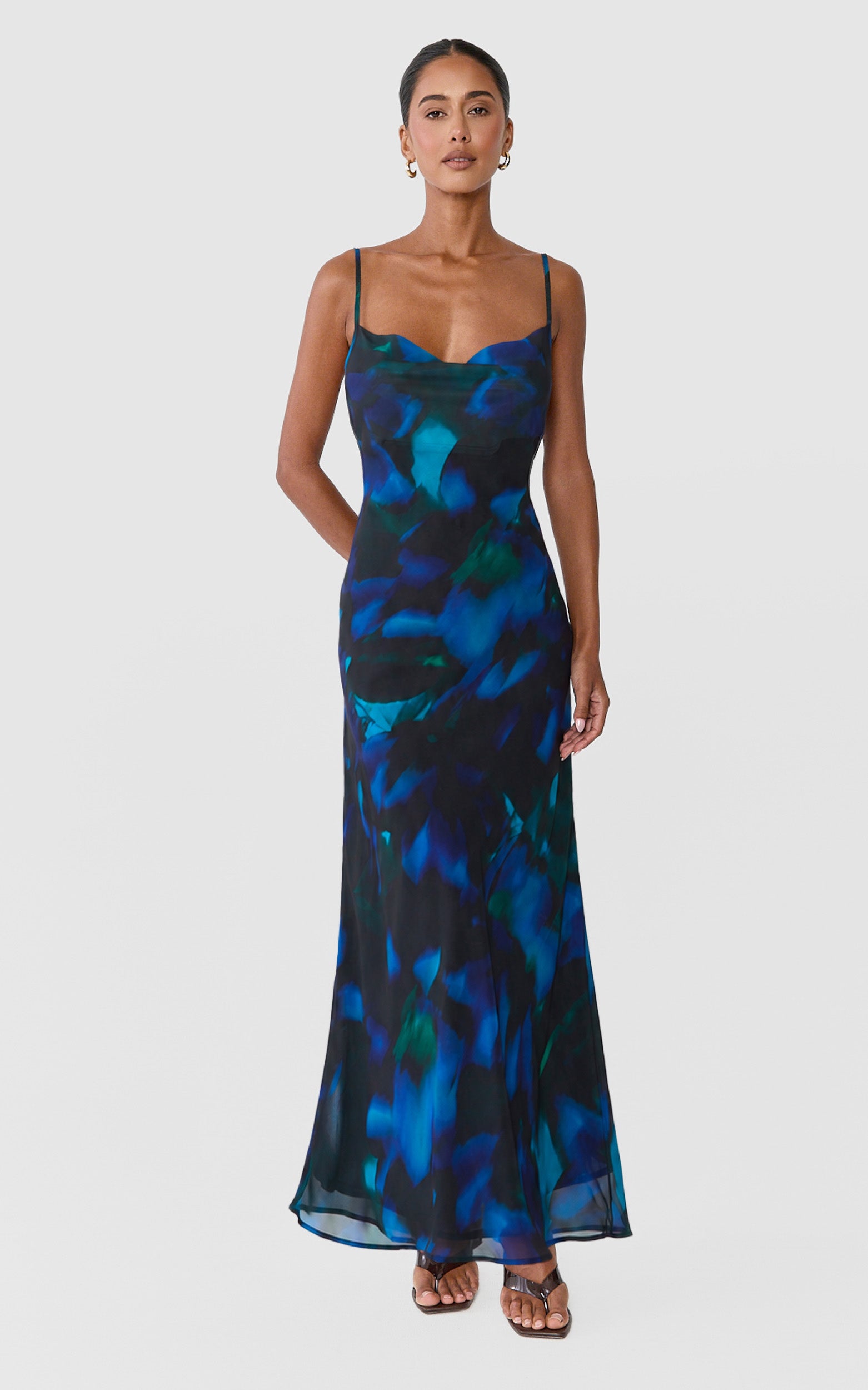 Iris Maxi Dress - Cowl Neck Low Back Slip Dress in Blue Hyper Tropical Print - View 2