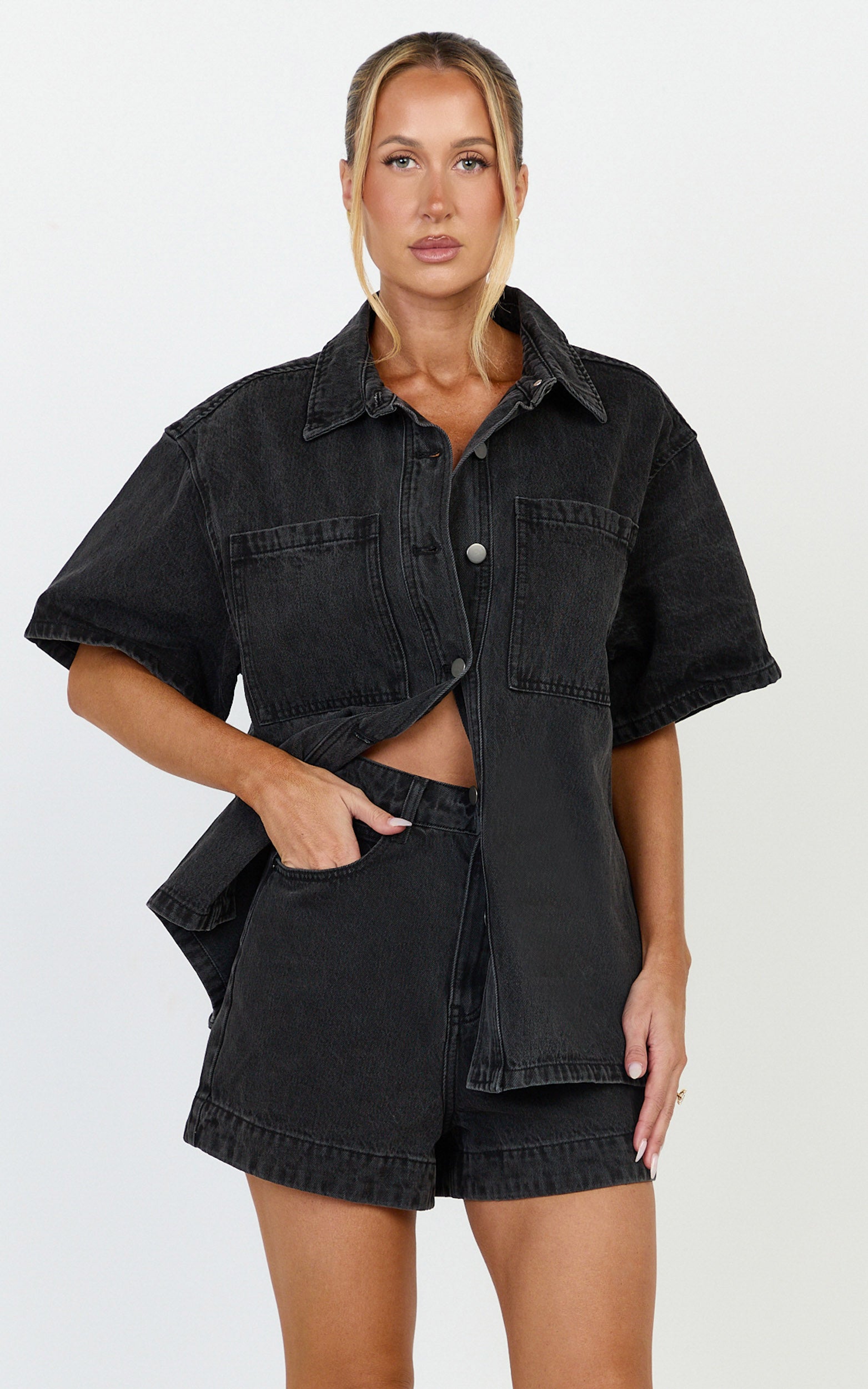 Iris Top - Oversized Recycled Denim Short Sleeve Shirt in Black - View 7