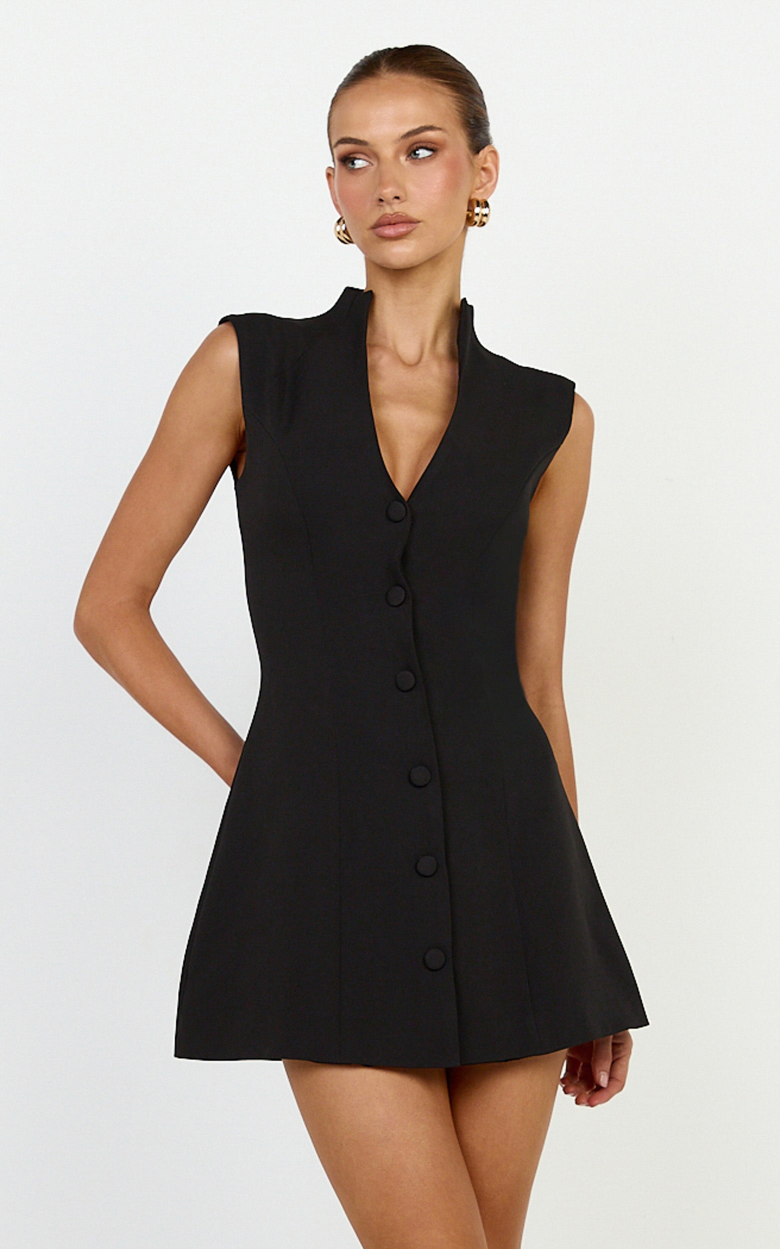 Jacinta Mini Dress - Sleeveless Button Front Tulip Dress in Black - View 1