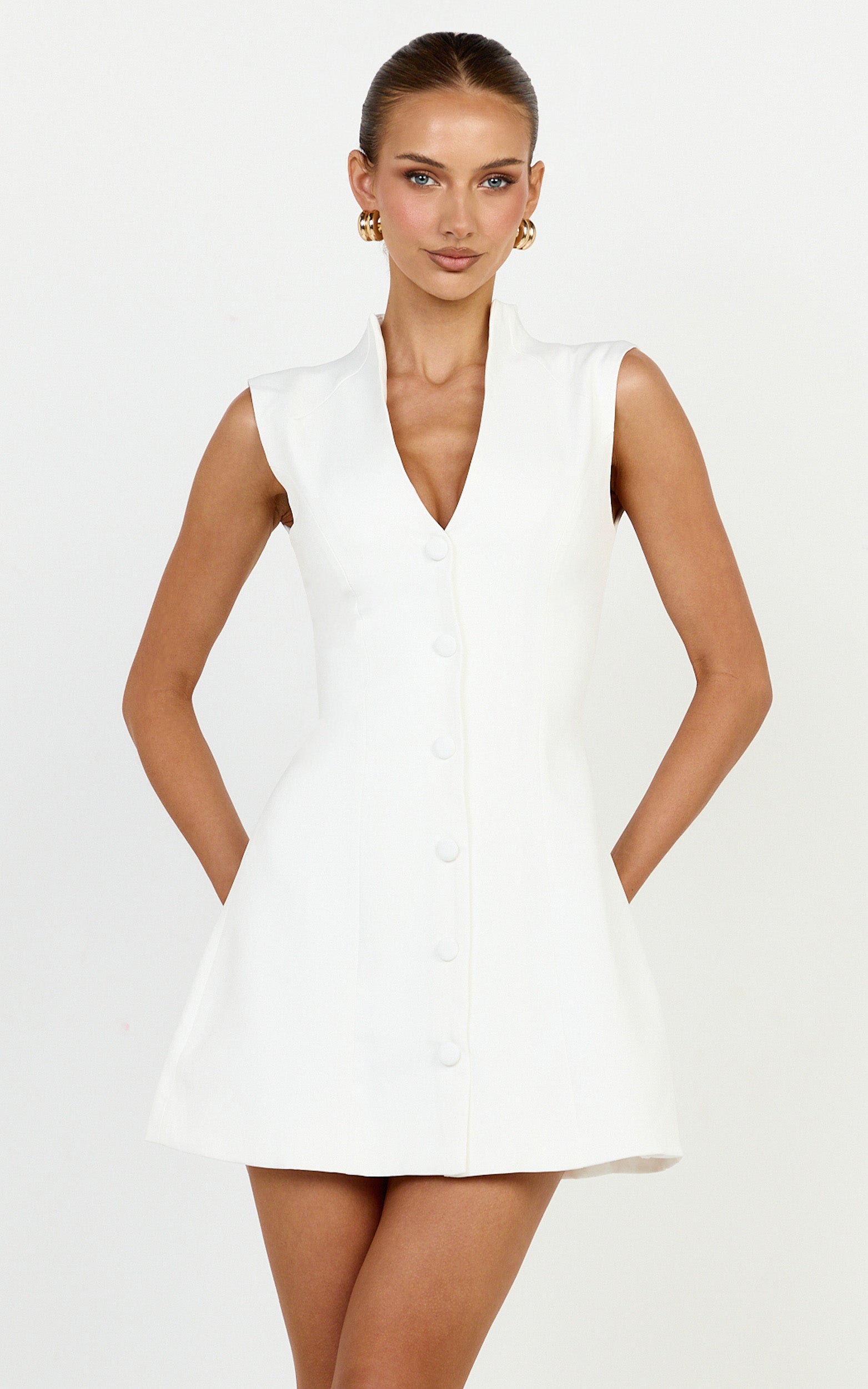 Jacinta Mini Dress - Sleeveless Button Front Tulip Dress in Off White - View 1