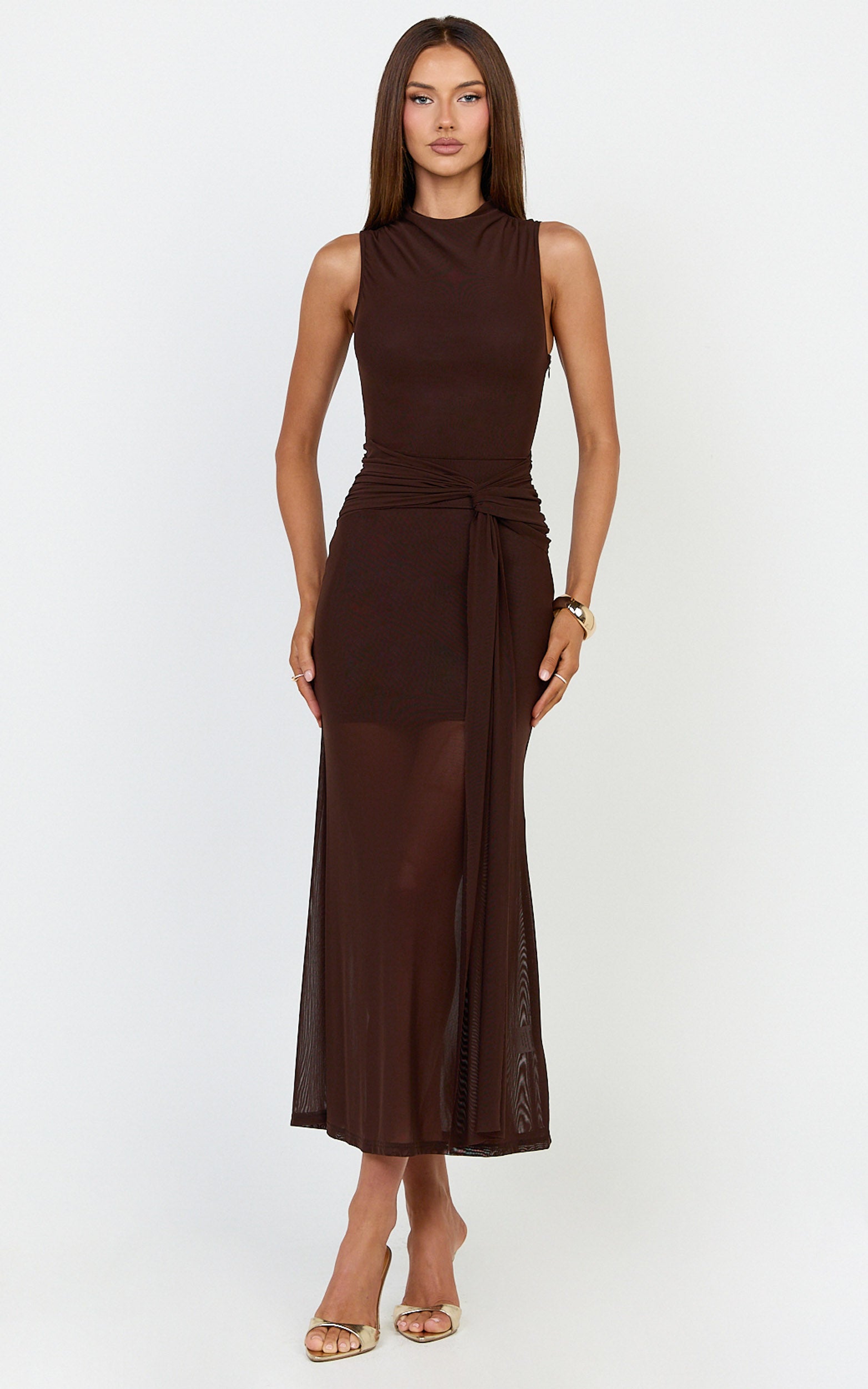 Jaimae Midi Dress - High Neck Side Knot Detail Mesh Dress in Chocolate - View 1