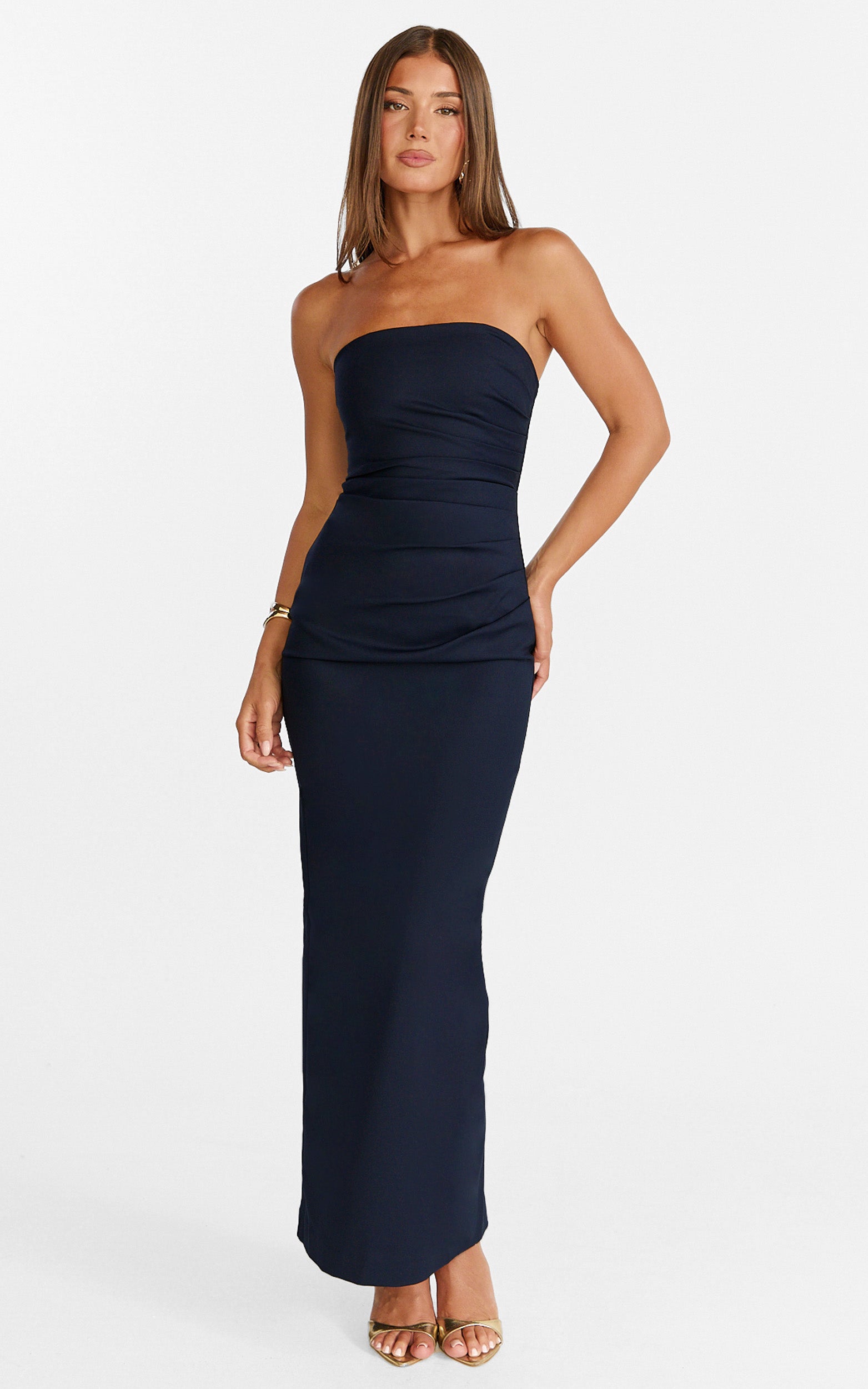 Jamie Maxi Dress - Strapless Ruched Fitted Column Dress in Navy - View 4