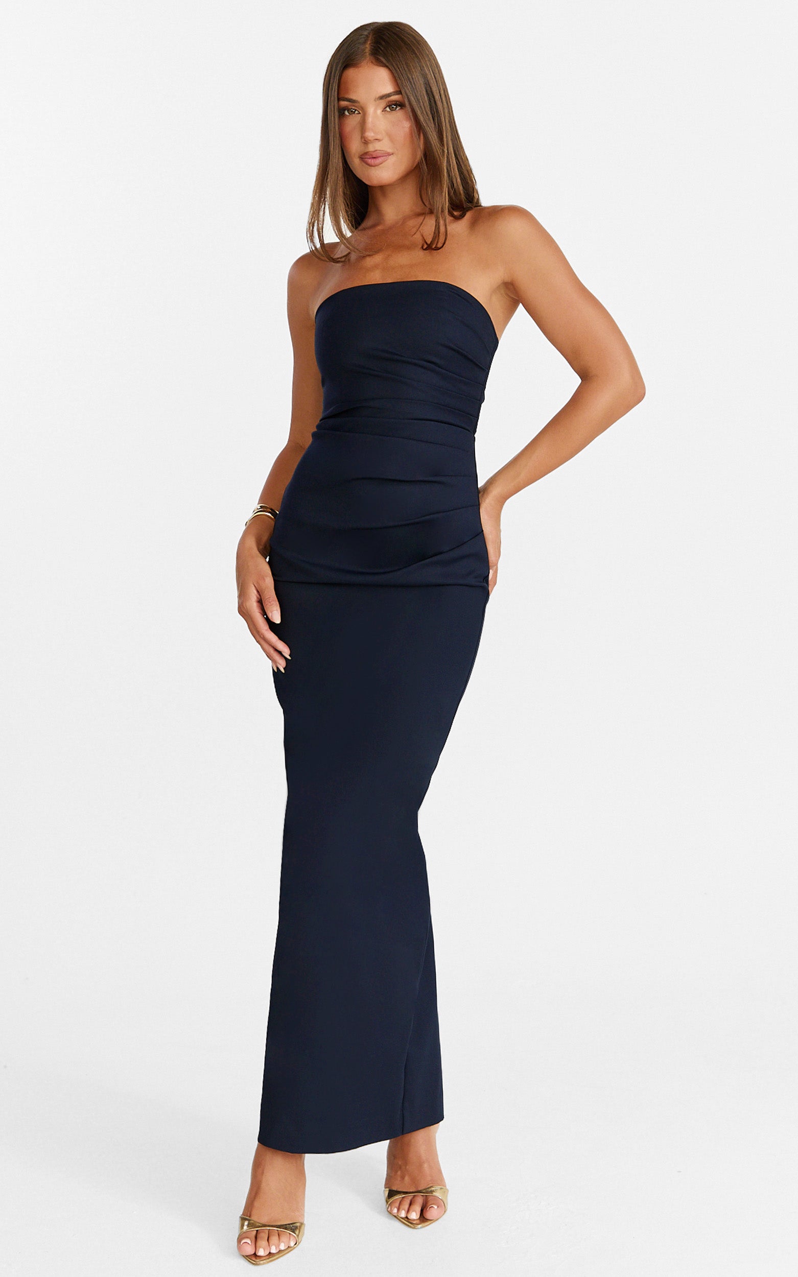 Jamie Maxi Dress - Strapless Ruched Fitted Column Dress in Navy - View 1