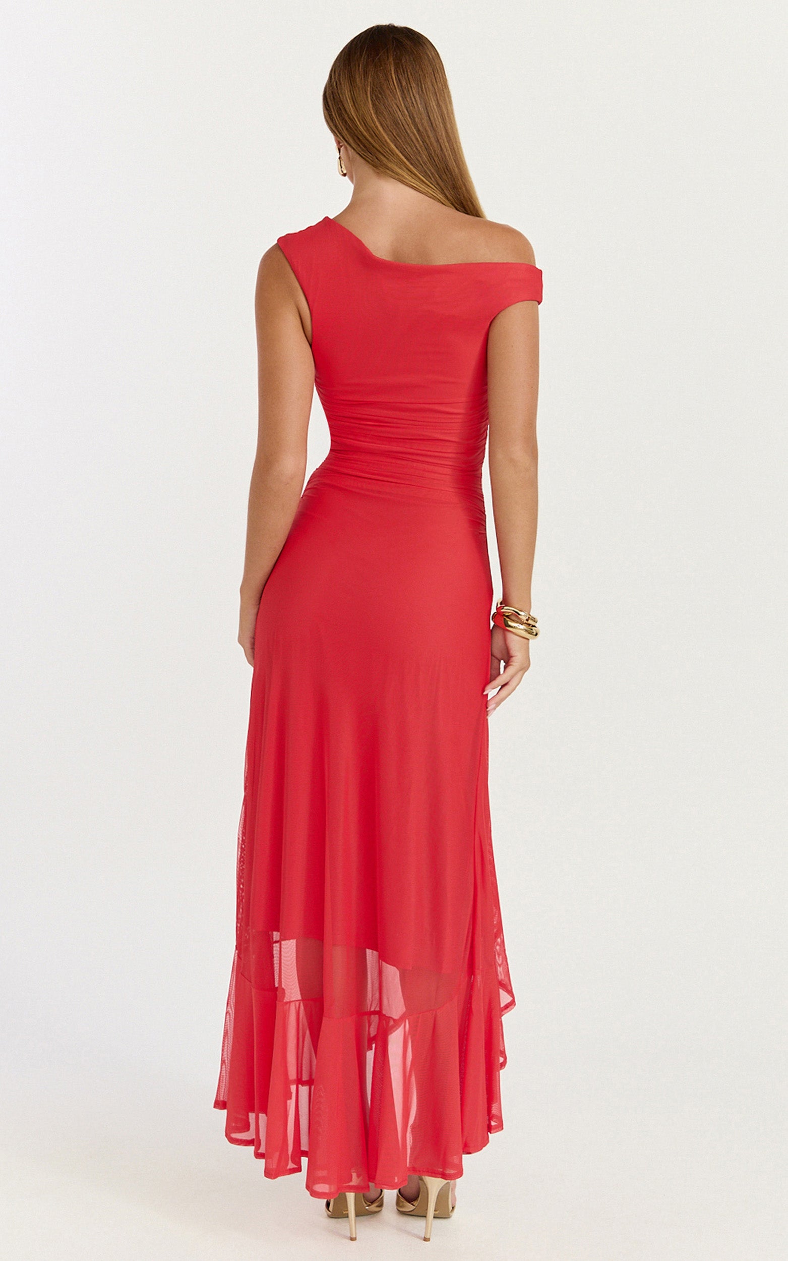 Judee Midi Dress - One Shoulder High Side Split Dress in Red - View 5