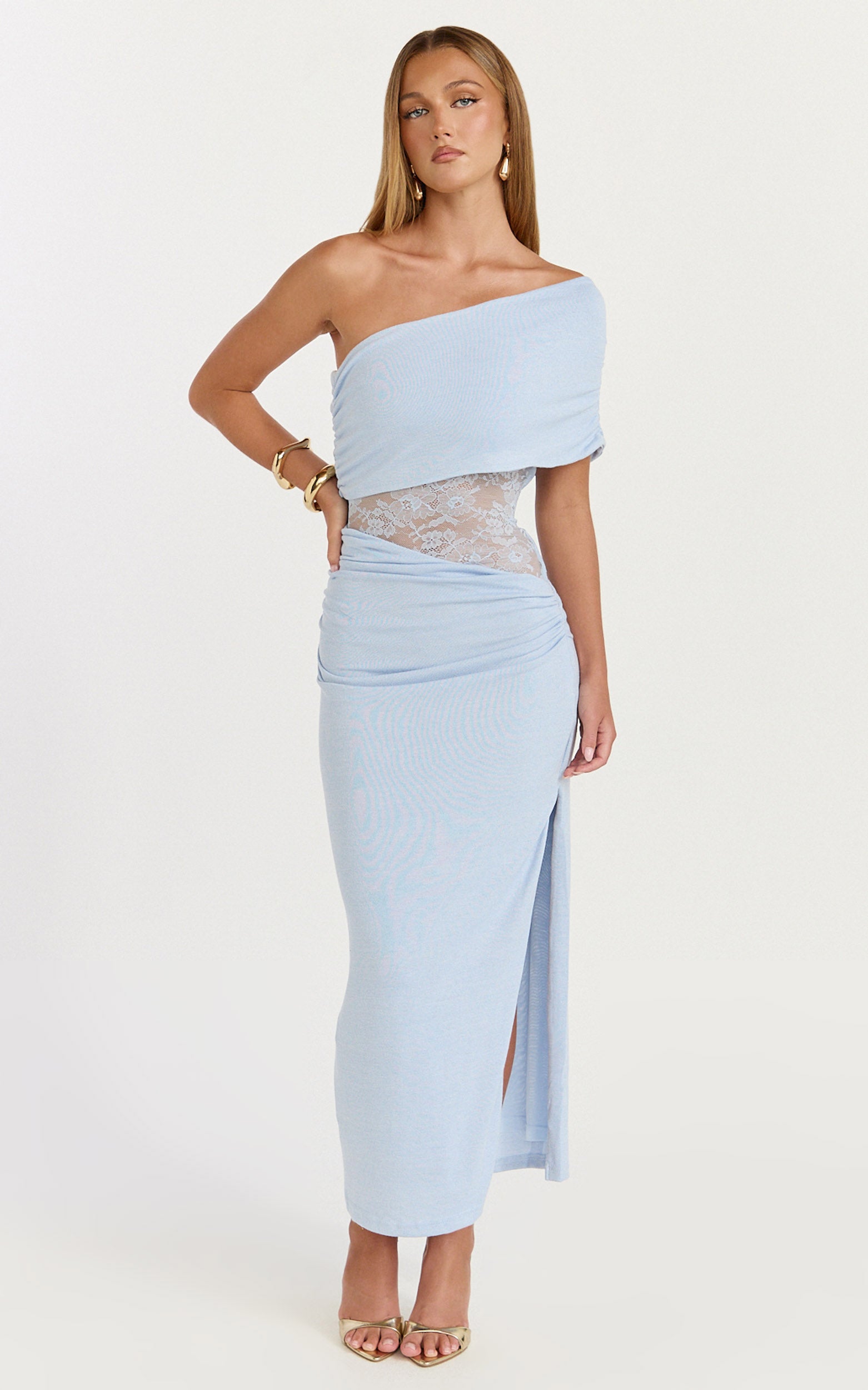 Juliet Midi Dress - One Shoulder Lace Contrast Bodycon Dress in Blue - View 4