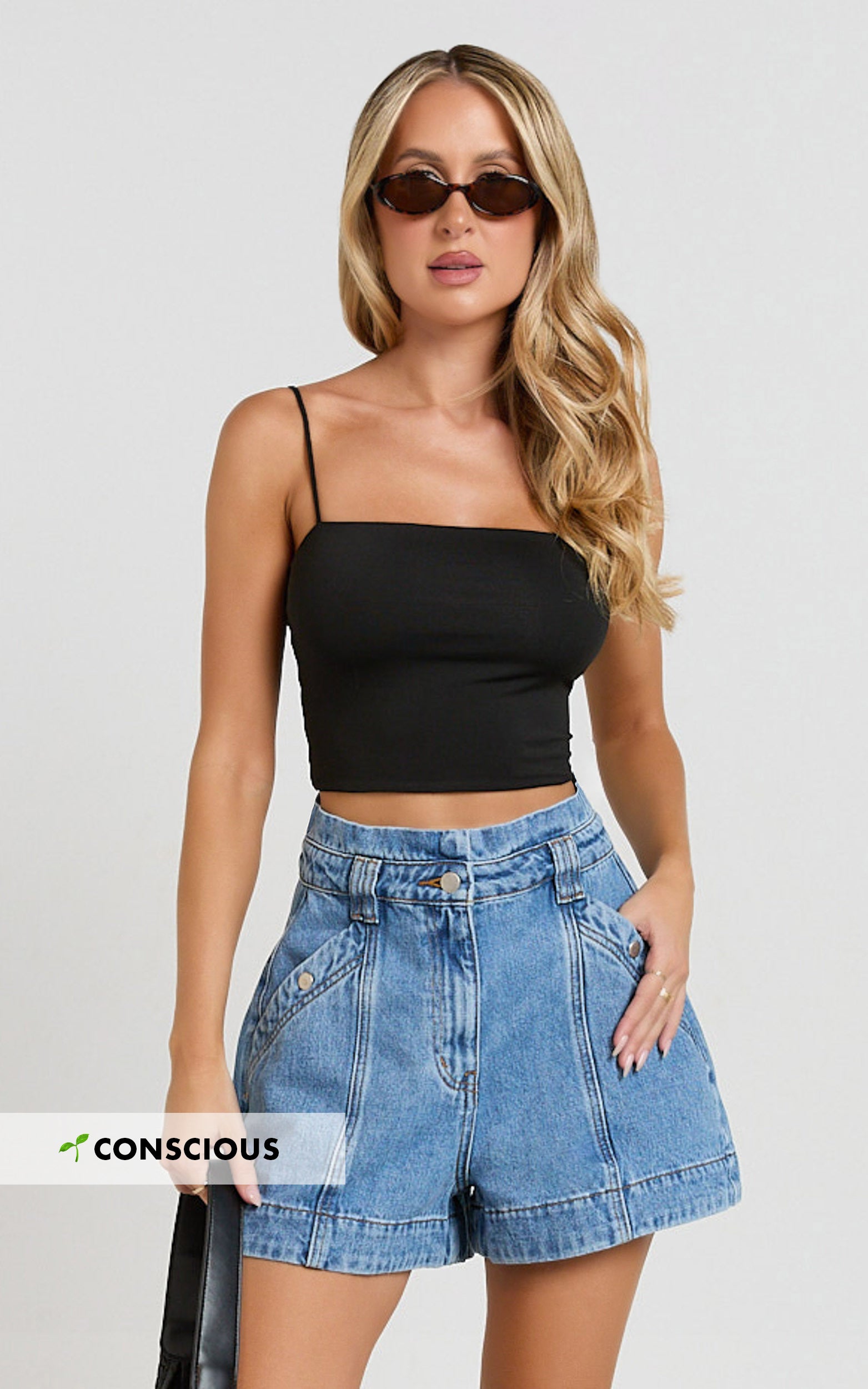 Kayla Shorts - High Waisted A Line Denim Shorts in Mid Blue Wash - View 1