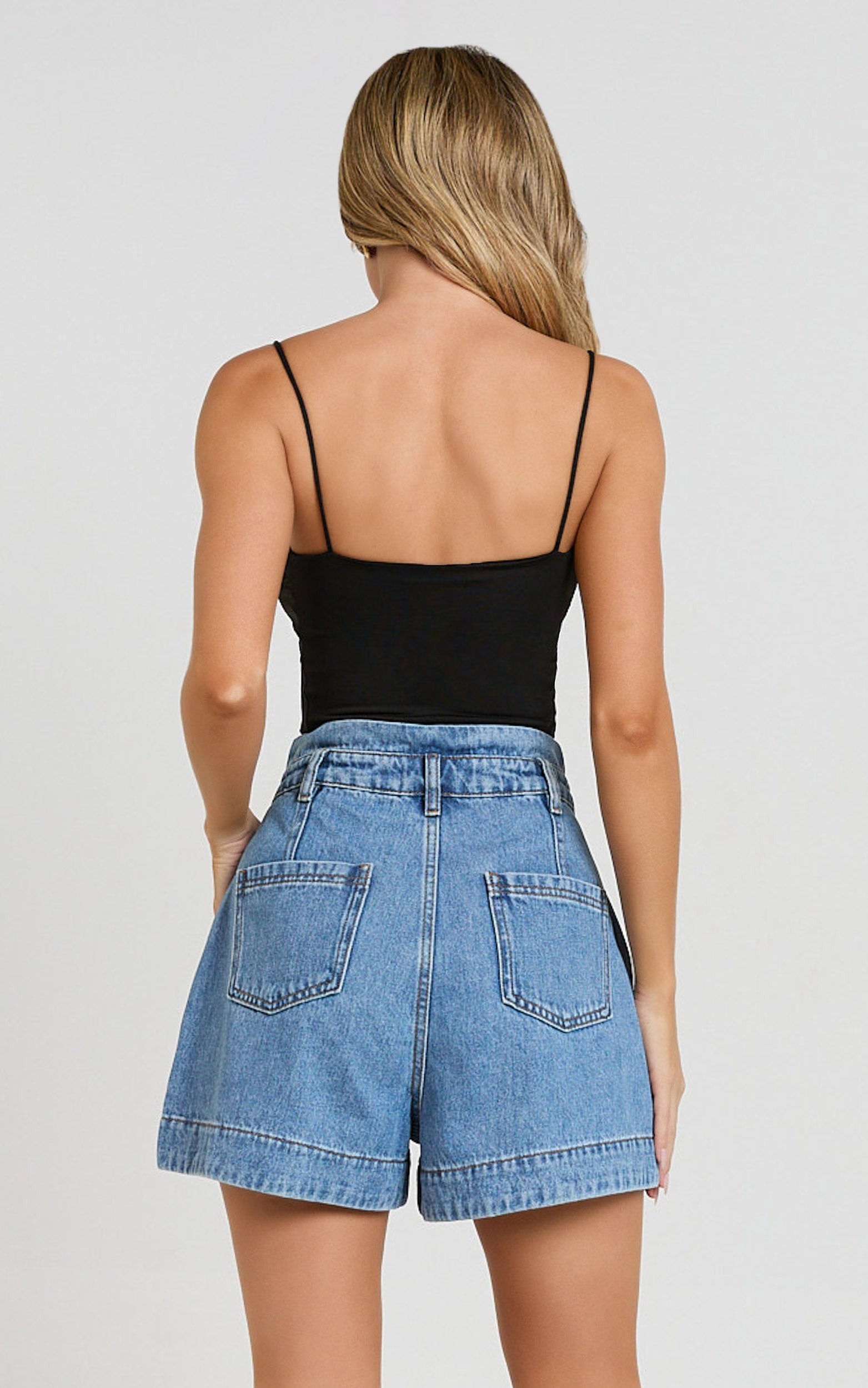 Kayla Shorts - High Waisted A Line Denim Shorts in Mid Blue Wash - View 6