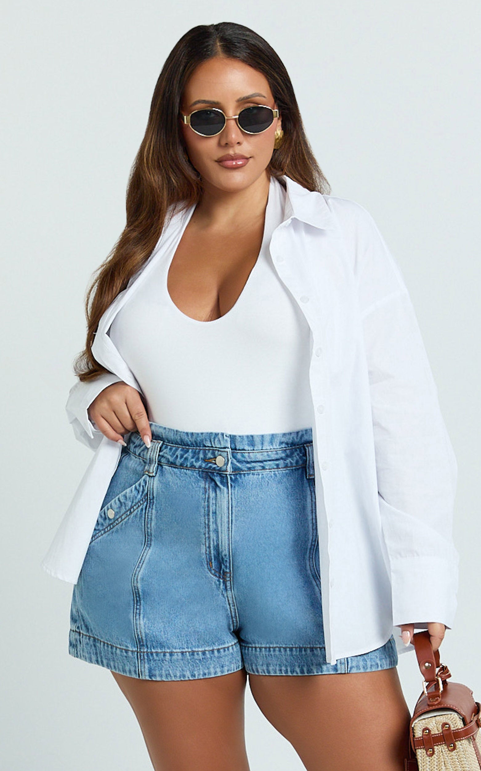 Kayla Shorts - High Waisted A Line Denim Shorts in Mid Blue Wash - View 2