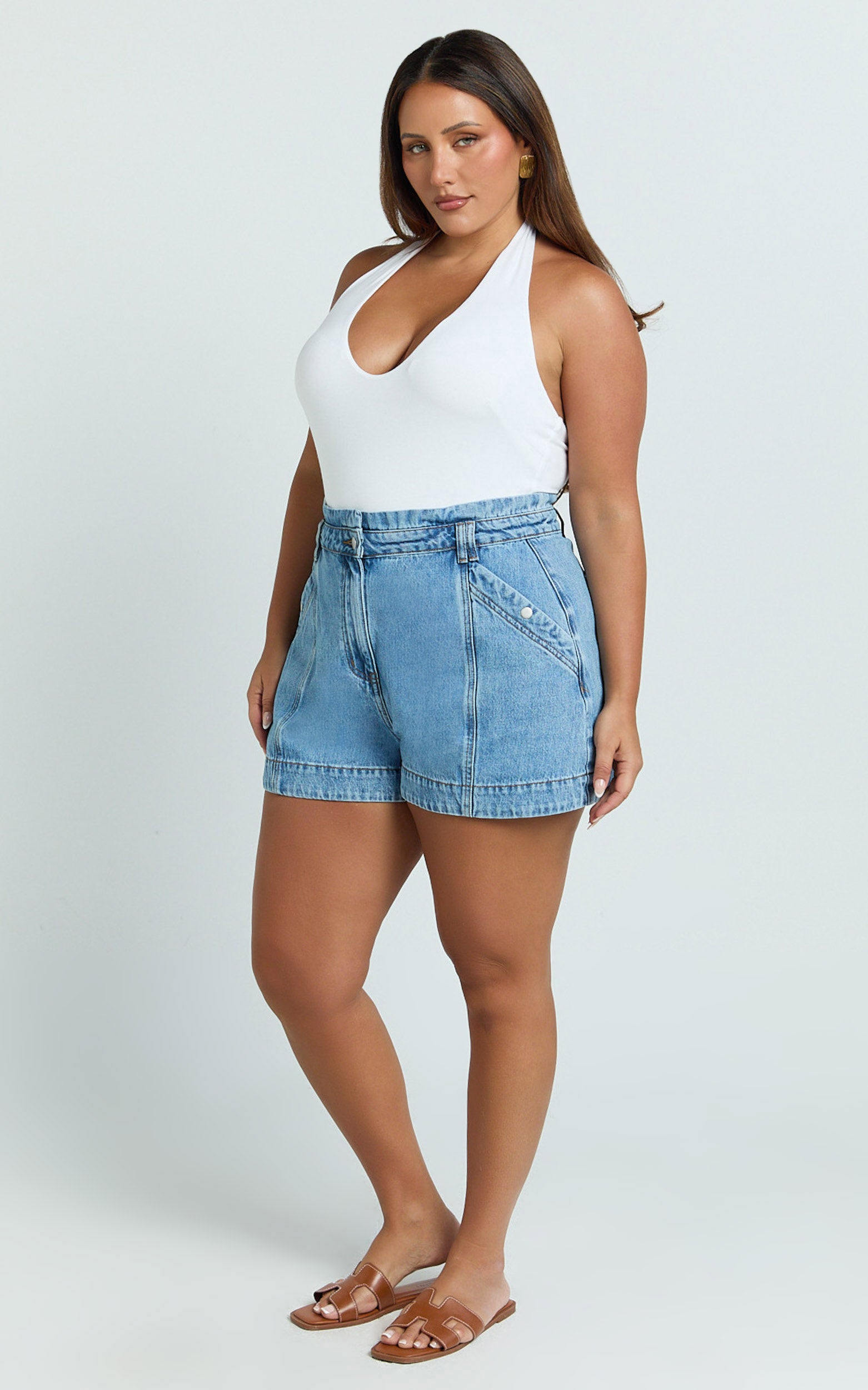 Kayla Shorts - High Waisted A Line Denim Shorts in Mid Blue Wash - View 5