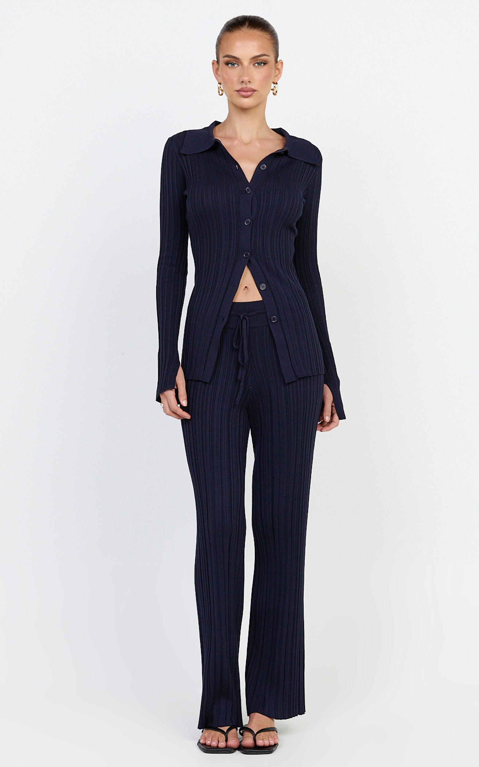 Kelsey Pants - High Drawstring Waist Knit Pants in Navy - View 1