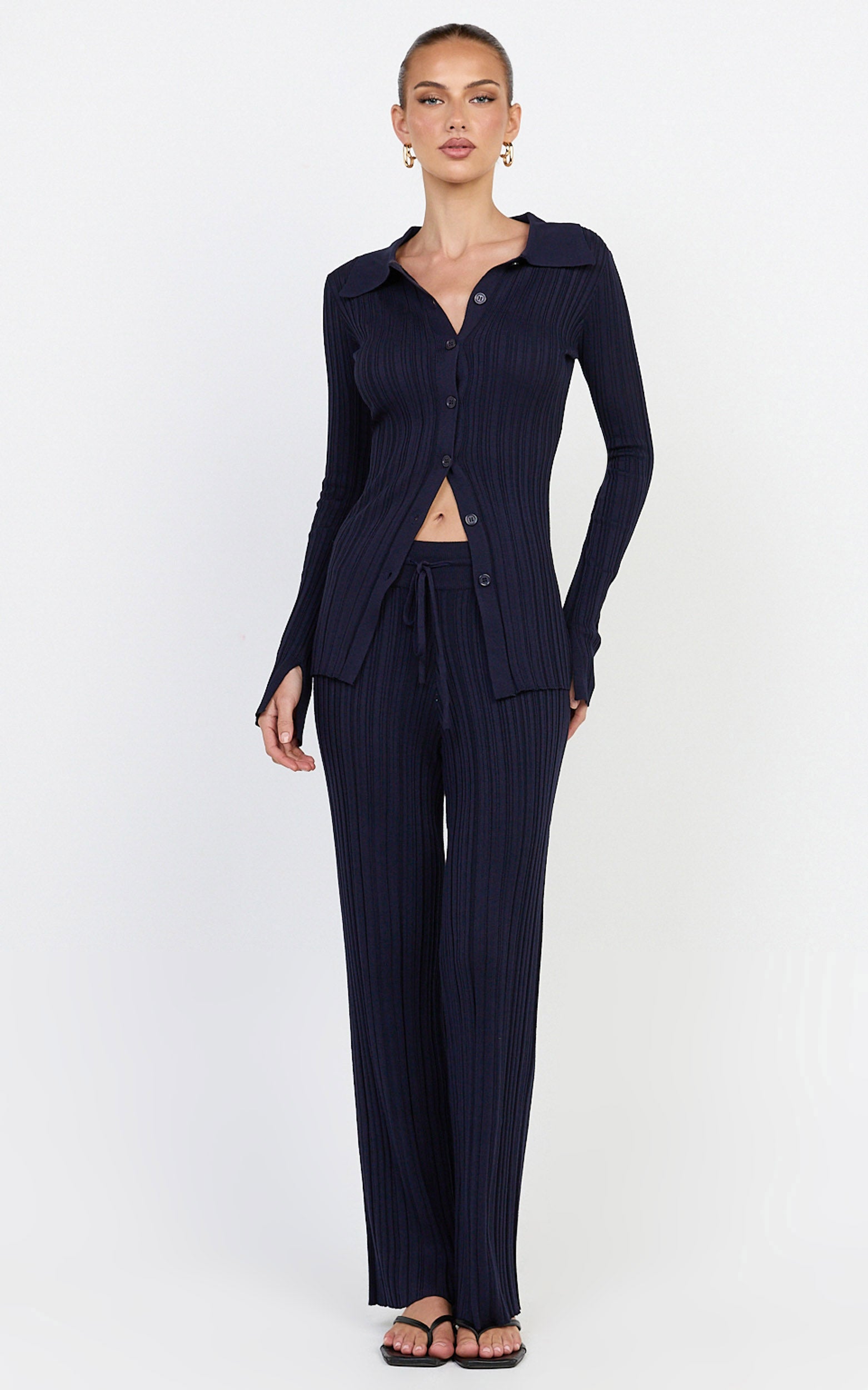 Kelsey Top - Button Through Long Sleeve Knit Top in Navy - View 1
