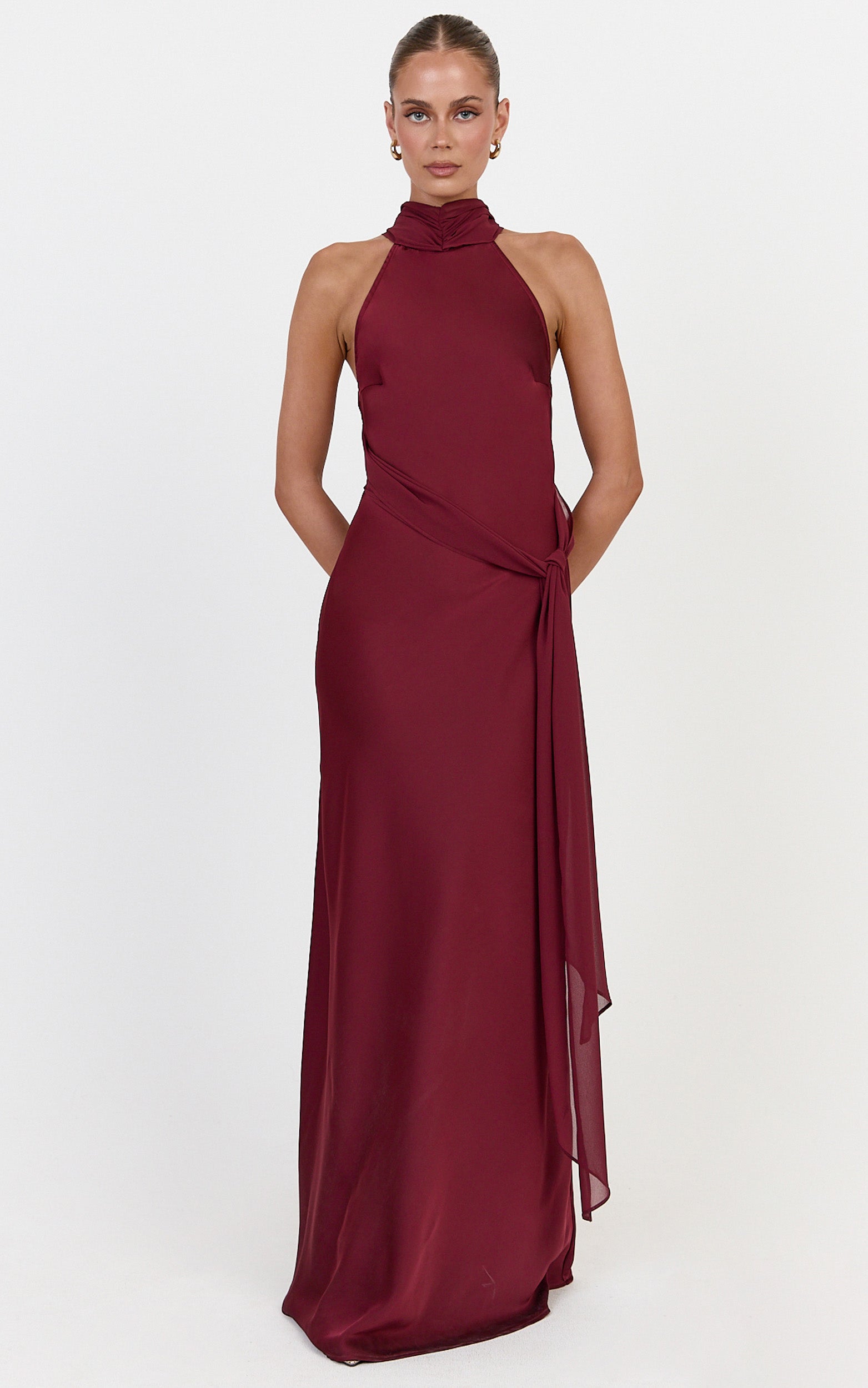 Kess Maxi Dress - Low Back High Neck Crossover Hip Sash Dress in Wine - View 1