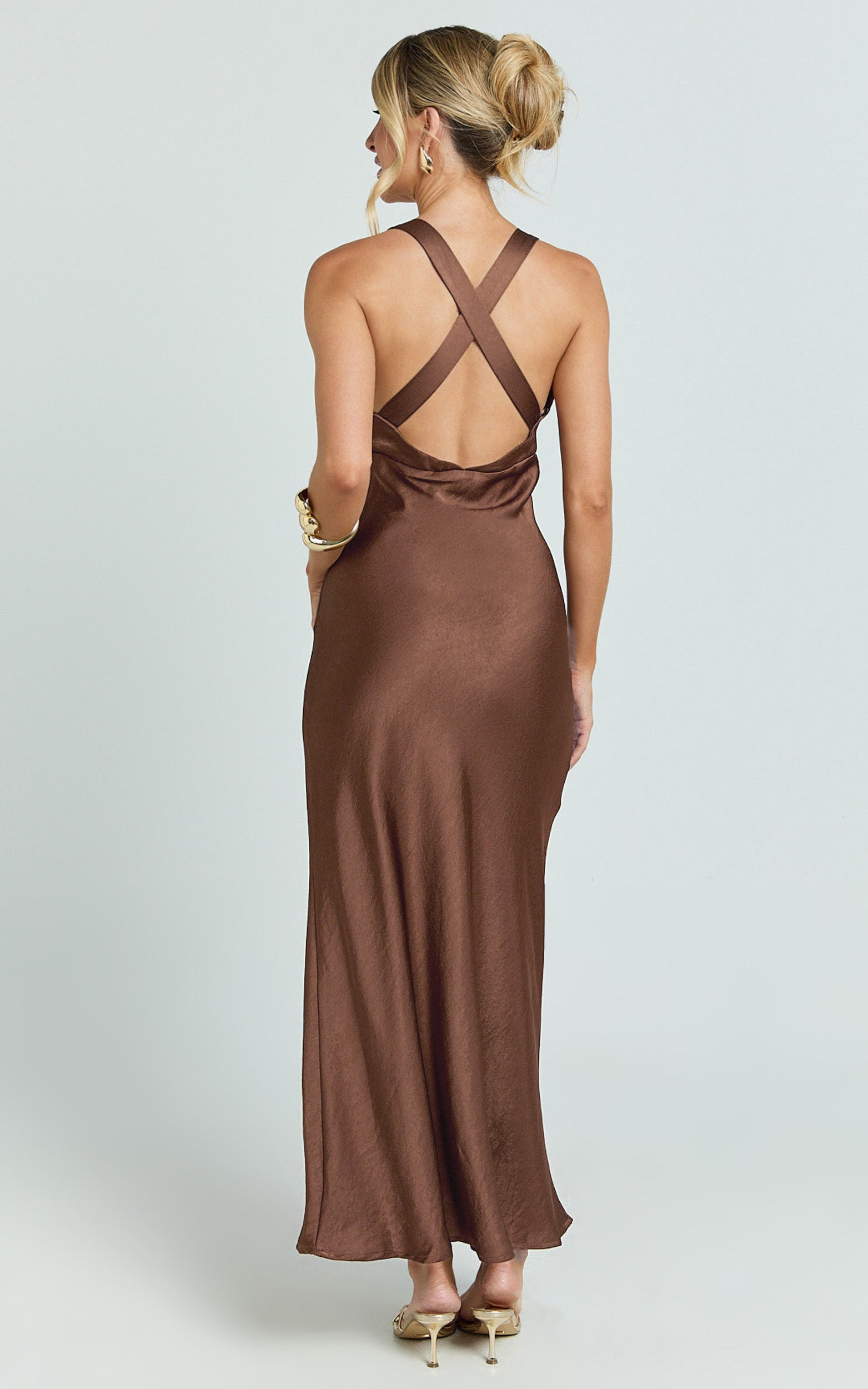 Khalani Midi Dress - Deep V Neck Satin Slip Dress in Chocolate - View 6