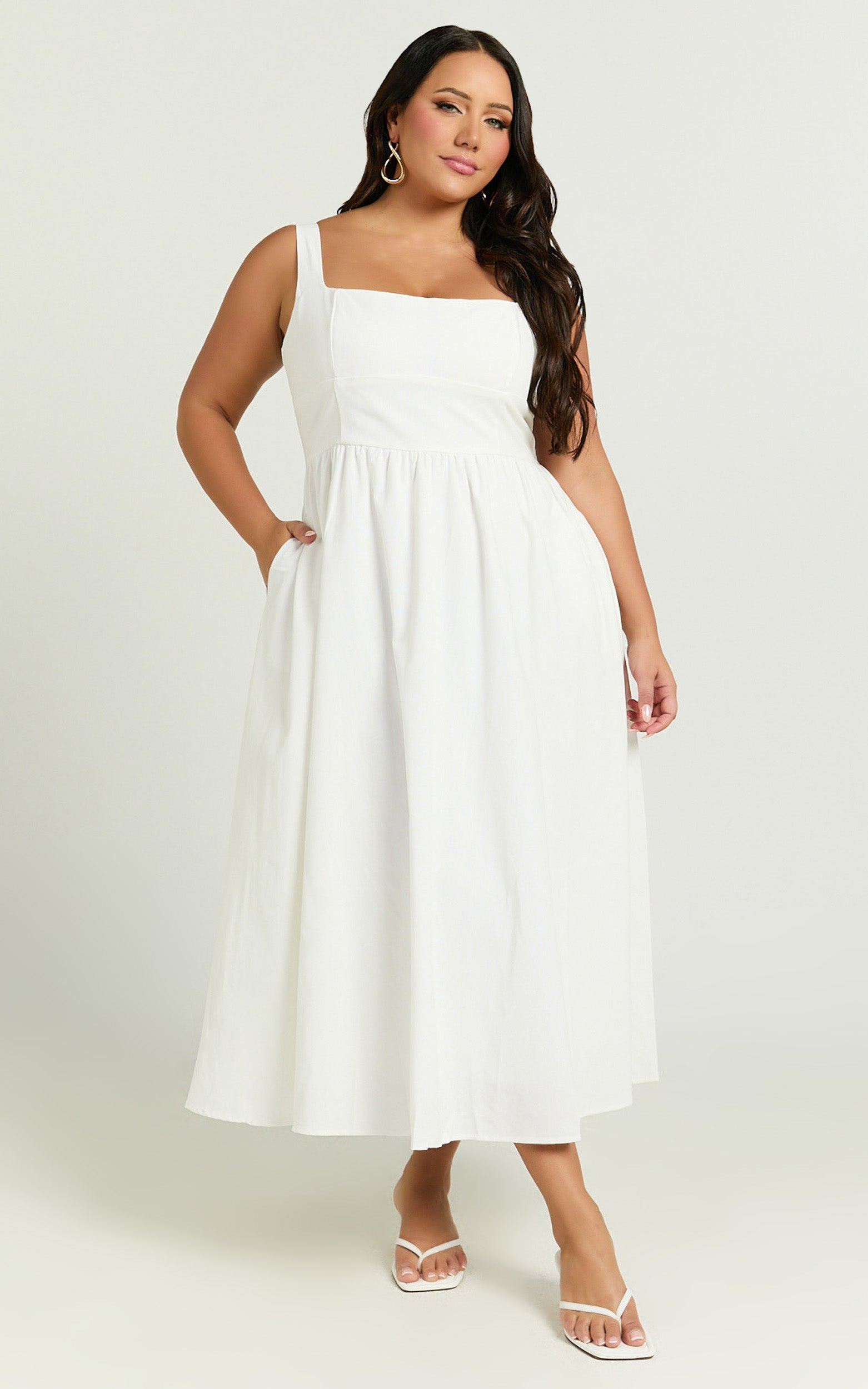Khari Midi Dress - Linen Look Square A Line Dress in White - View 2