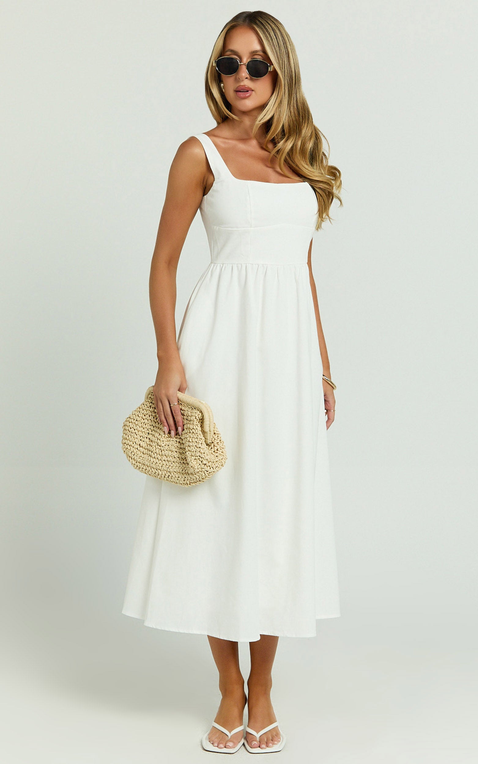 Khari Midi Dress - Linen Look Square A Line Dress in White - View 7